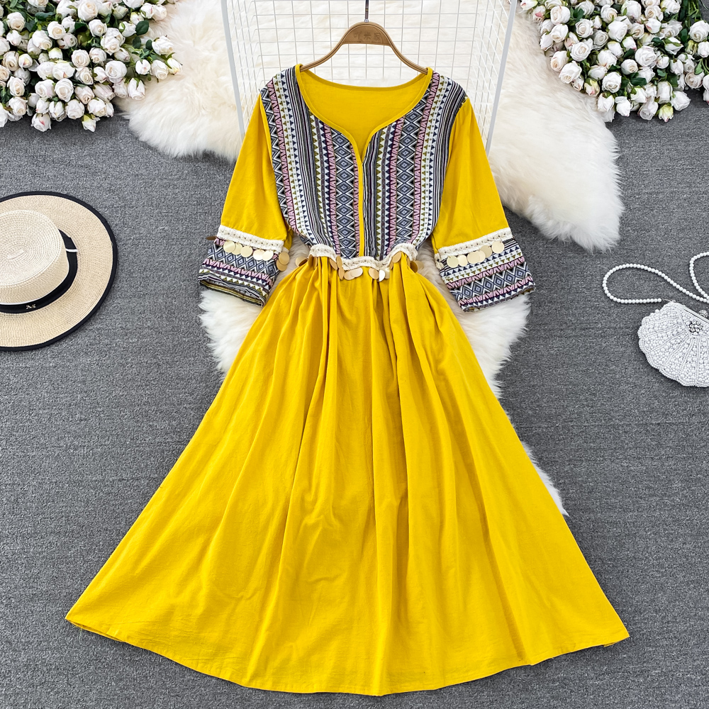 Bohemian High Waist V-Neck Embroidered Summer Dress for Women - Perfect for Beach Vacations, Music Festivals & Boho Chic Outfits