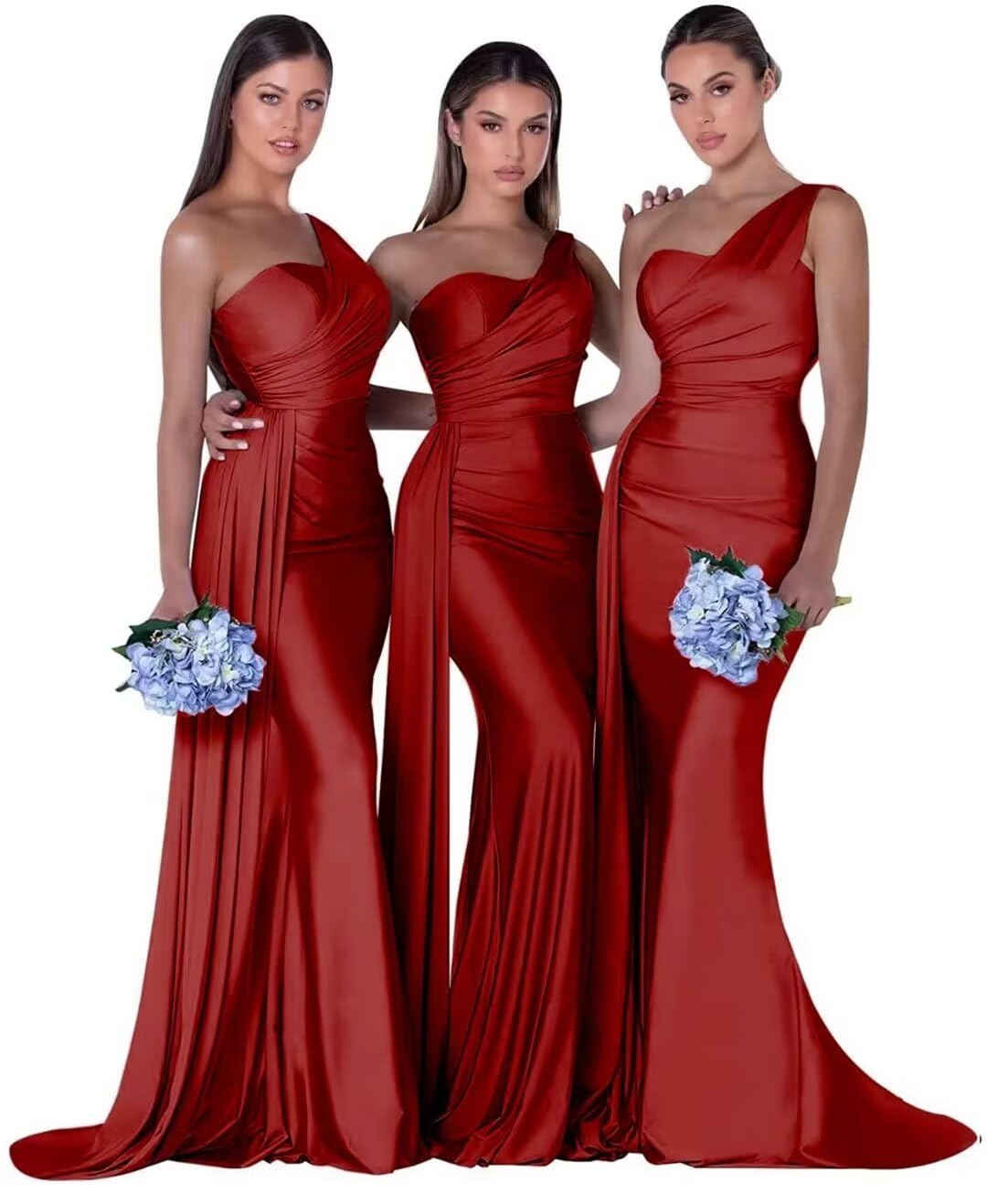 Alikey Long One Shoulder Mermaid Bridesmaid Dress - Elegant Satin Prom Gown for Women, Wedding Guest Dress with Train in Dark Red | Perfect for Formal Events, Evening Parties & Special Occasions