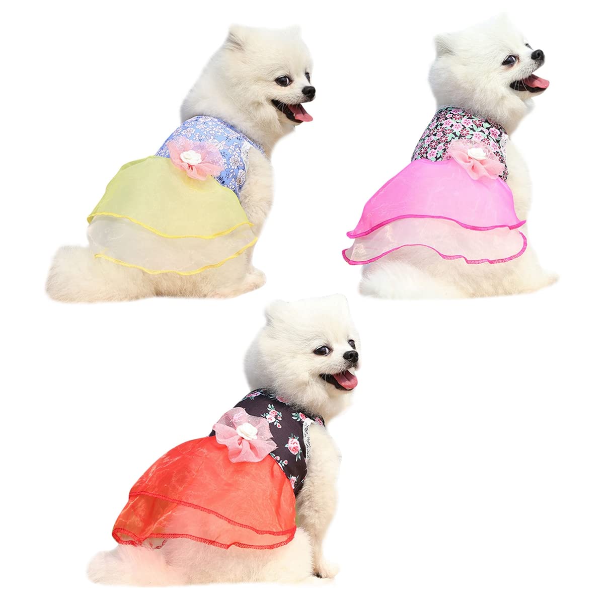 3pcs Floral Dog Dresses - Soft & Comfortable Sleeveless Pet Apparel for Small Dogs, Puppy Princess Costume with Adjustable Harness | Perfect for Spring Outings, Pet Parties & Photo Shoots