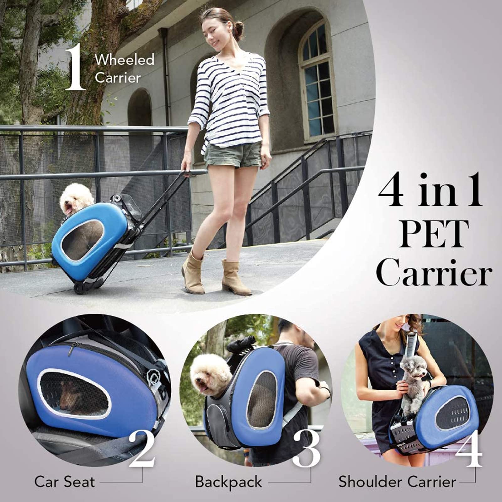 4 in 1 Pet Carrier Backpack & Car Seat with Wheels for Dogs & Cats - Lightweight Travel Carrier for Airplane, Car & Outdoor Adventures - Easy to Assemble & Foldable Design