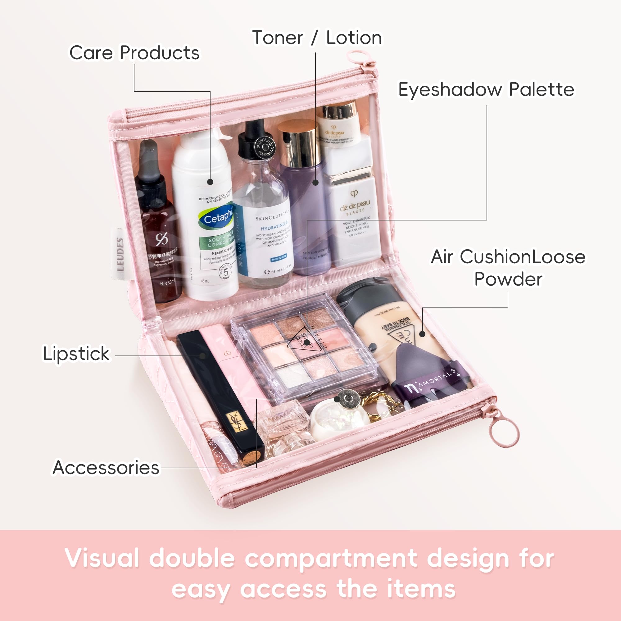 Leudes Pink Medium Makeup Bag for Women - Cute Travel Cosmetic Organizer with Zipper, Clear Skincare Pouch for Toiletries | Perfect for Traveling, Gym, Work & Daily Essentials Storage