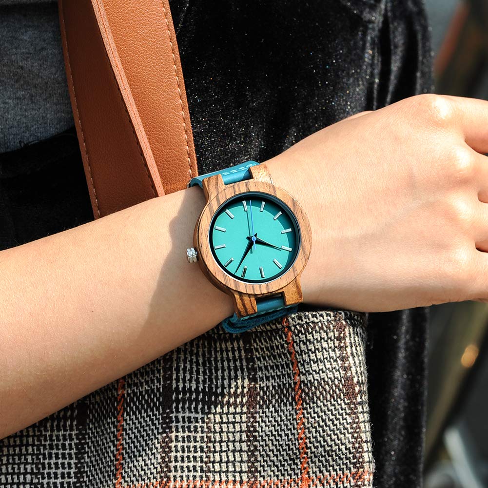 BOBO BIRD Bamboo Wooden Watch for Men & Women - Blue Cowhide Leather Strap Casual Wristwatch - Perfect Gift for Anniversary & Couples - Ideal for Everyday Wear, Office & Outdoor Activities