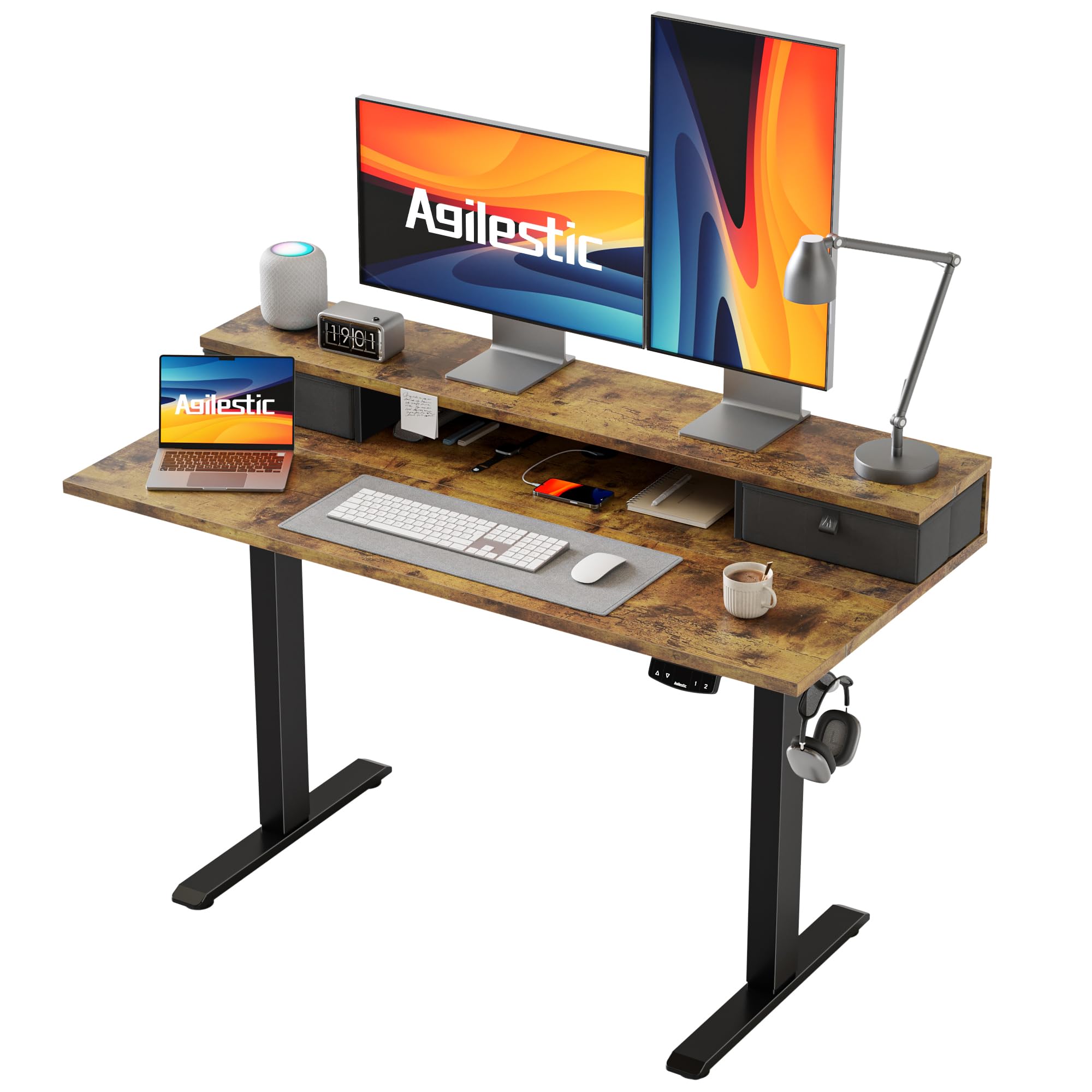 Agilestic 48 x 23 Inches Electric Standing Desk with 2 Fabric Drawers - Height Adjustable Home Office Desk in Rustic Brown for Work from Home & Remote Work Setup