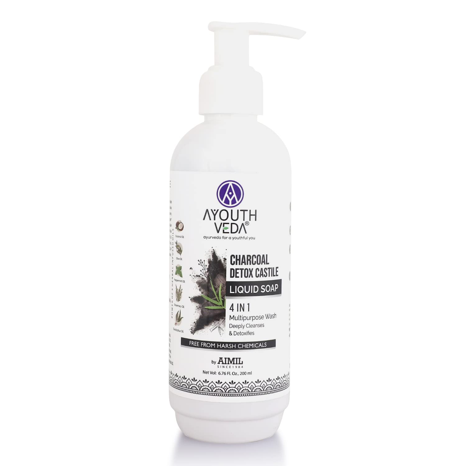 Ayouthveda Charcoal Detox Castile Liquid Soap - 4 in 1 Multipurpose Face & Body Wash | Deep Cleansing & Detoxifying | Germ Protection | 200ml (Pack of 1) | Perfect for Daily Skincare, Acne Treatment & Sensitive Skin Care