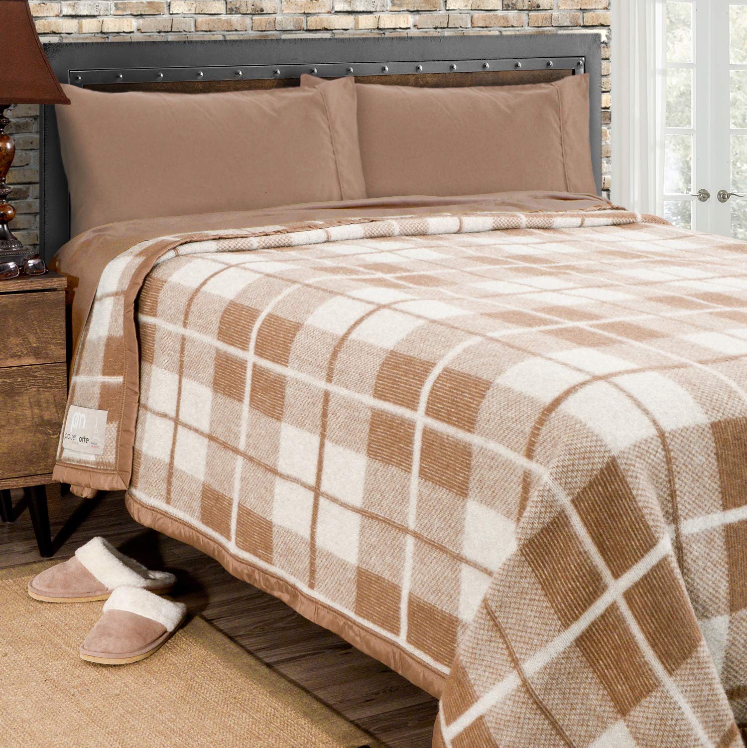Premium 100% Virgin Wool Blanket - 400GSM Medium/Heavy Weight - Machine Washable Camel/Natural Plaid - Full/Queen Size - Cozy & Warm for Bedroom, Sofa, Camping & Travel - Luxury Home & Outdoor Blanket