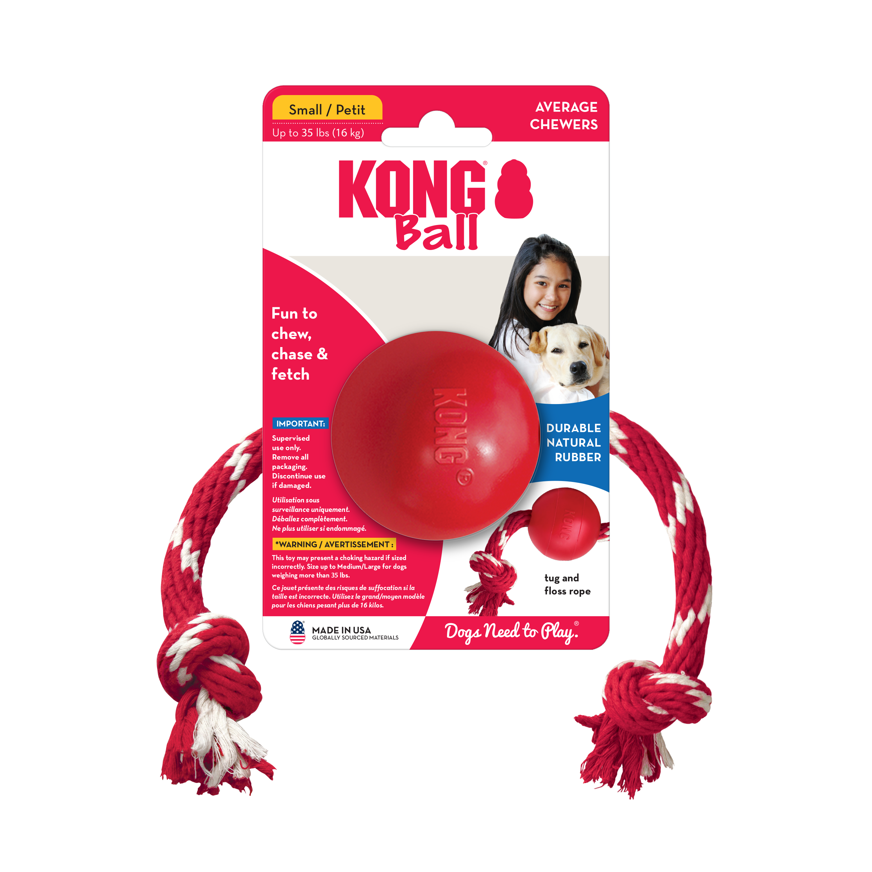 Kong Classic Dog Toy Ball with Rope - Durable Chew Toy for Aggressive Chewers, Interactive Fetch & Tug-of-War Play for Medium & Large Dogs