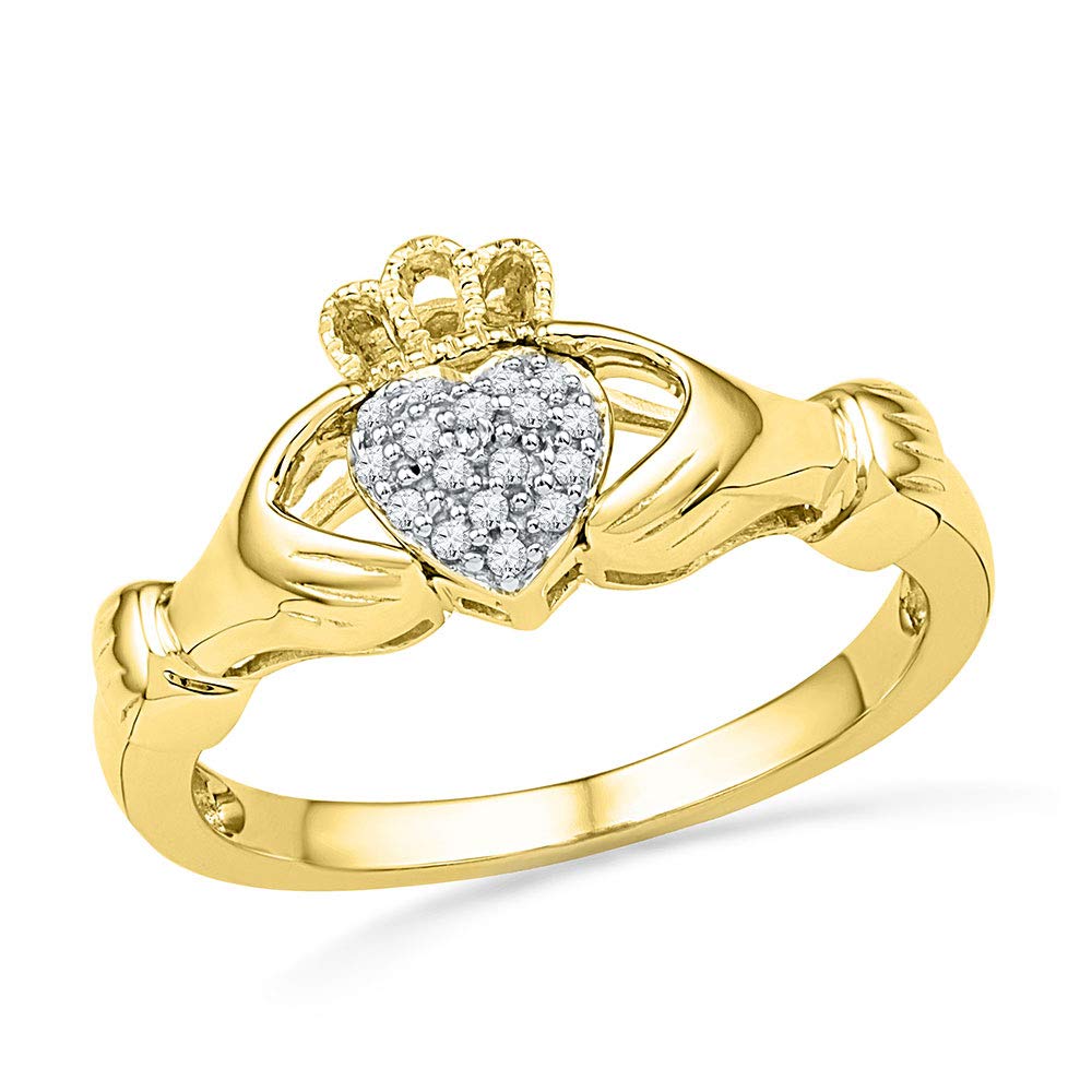 10K Yellow Gold Women's Round Diamond Claddagh Ring - Hands & Heart Cluster Design with 1/20 CTTW Natural White Diamonds | Irish Love Symbol Jewelry for Anniversary, Engagement & Gift Giving