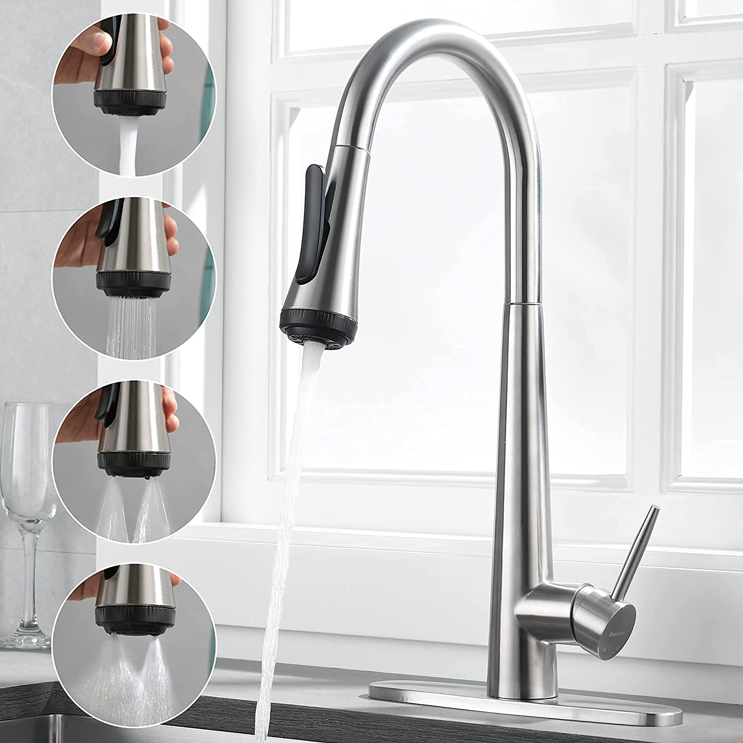 Commercial Modern Stainless Steel Kitchen Faucet with Pull Down Sprayer - High Arc Single Handle Sink Faucet, 4 Mode Sprayer, Brushed Nickel Finish | Perfect for RV, Restaurant & Home Kitchen Upgrade