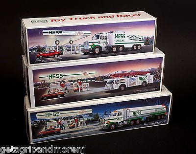 Vintage HESS Toy Truck Collection - 1988 Fire Truck, 1989 Tanker Truck, 1990 Racer (Set of 3) - Perfect for Collectors, Display & Retro Toy Enthusiasts