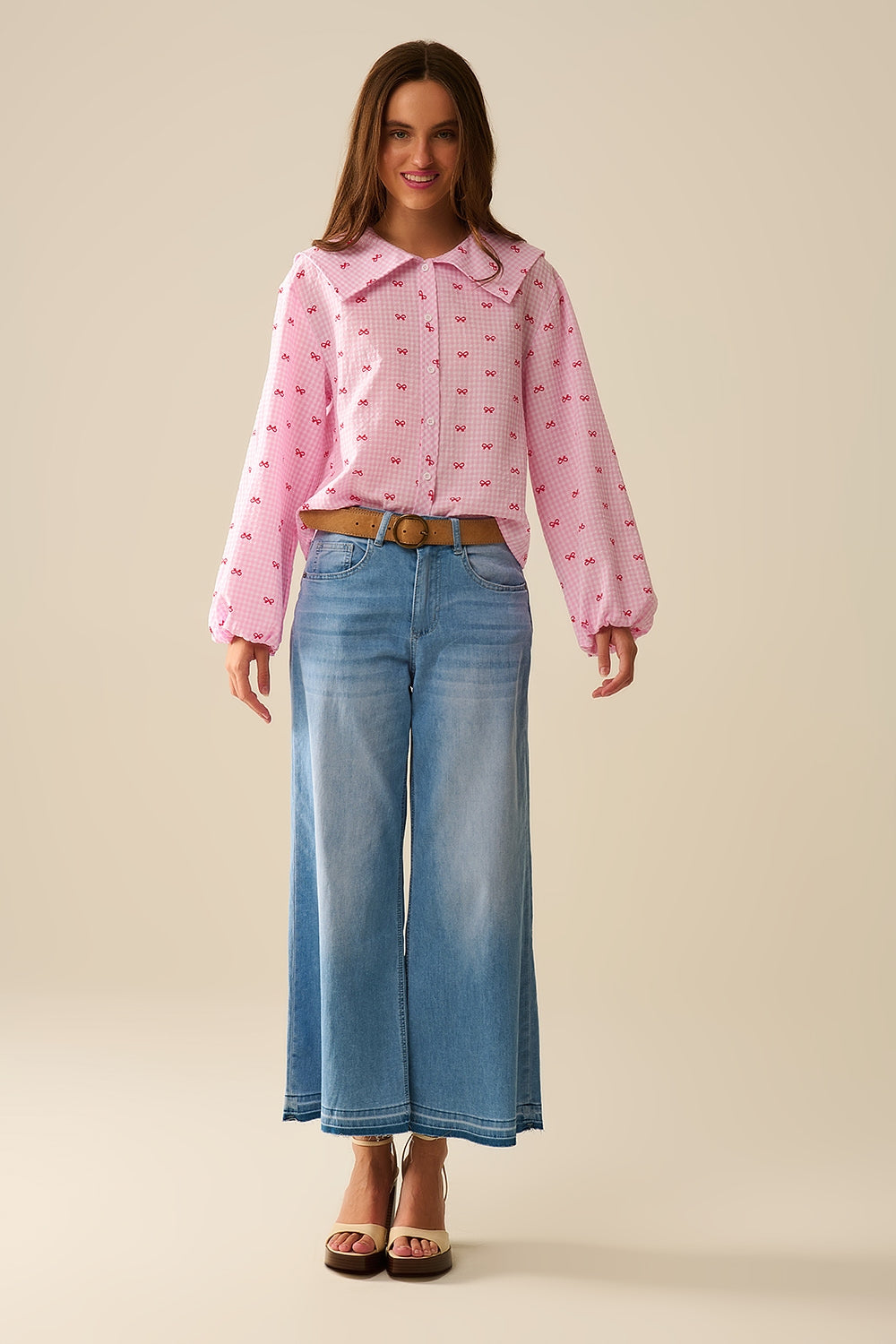 Claudine Collar Vichy Rose Print Blouse with Bow Knots - Perfect for Office Wear, Casual Outfits, and Spring Summer Fashion