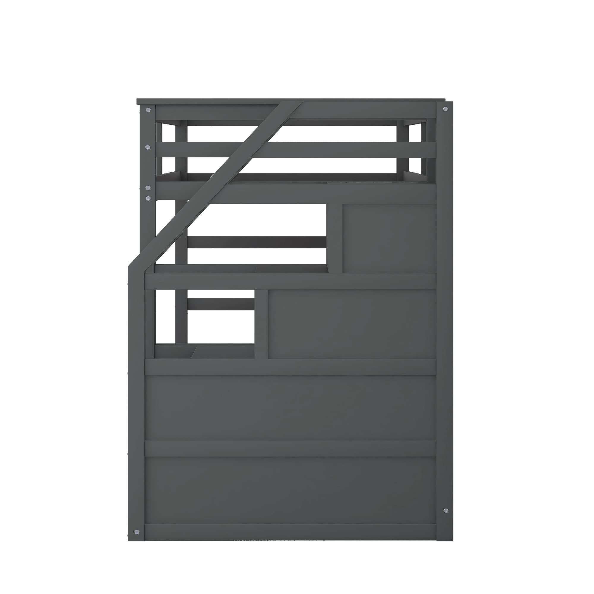 Wooden Twin Bunk Bed with Stairs & Storage Drawers - Space-Saving Kids Bunk Bed with Pull-Out Trundle for Boys & Girls (Grey) - Perfect for Small Bedrooms, Shared Kids Rooms & Sleepovers