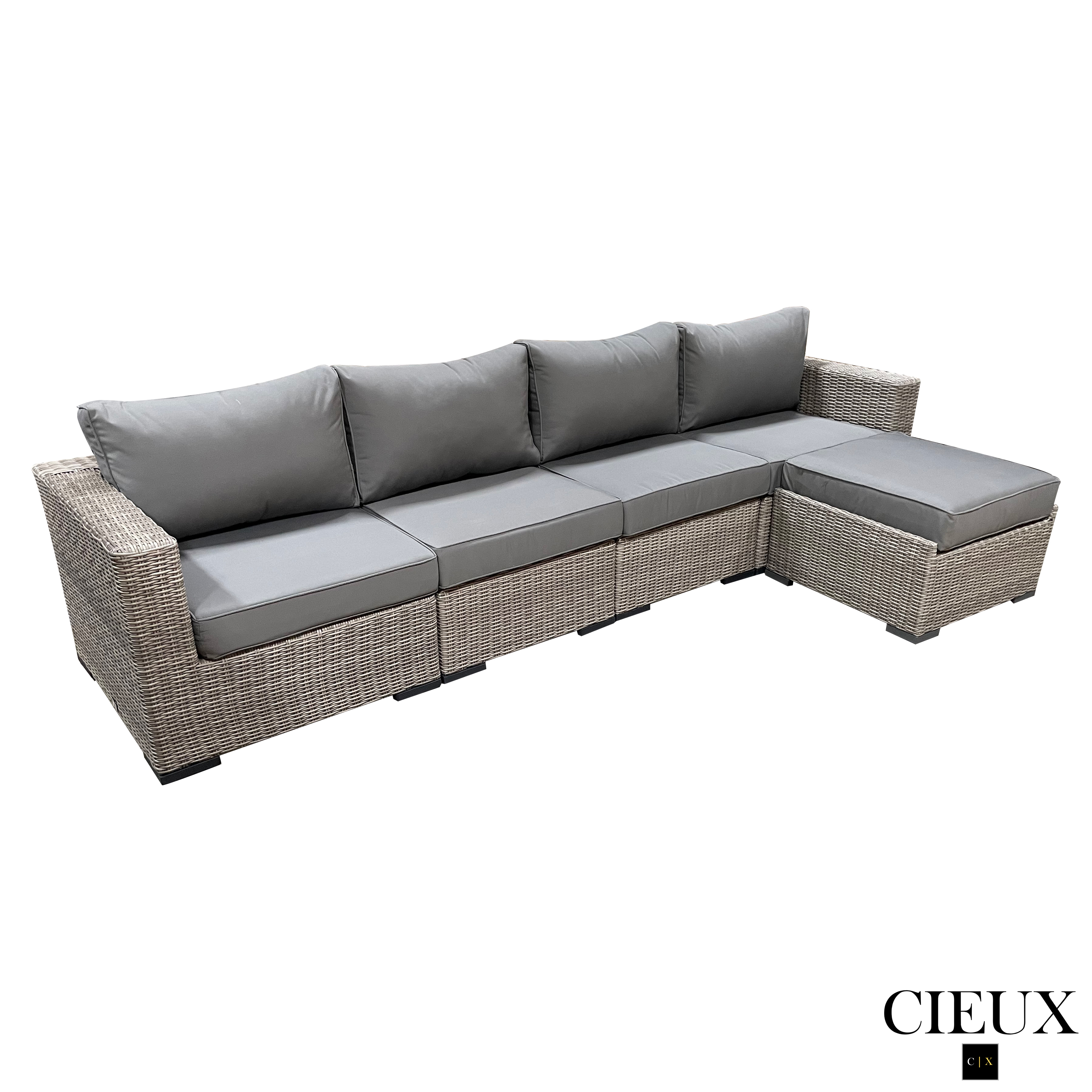 Grey Riviera Outdoor Patio Wicker Large Sectional Sofa with Sunbrella Canvas Charcoal Cushions - Perfect for Backyard, Poolside, and Garden Relaxation