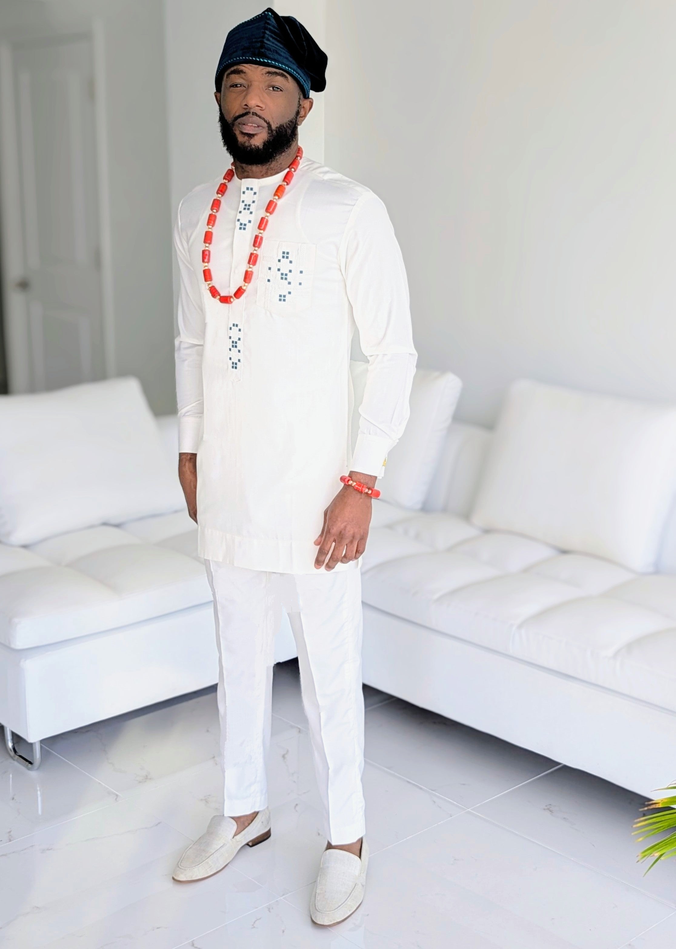 Dupsie's Birnin Gwari Prestige Ivory and Green Dashiki Suit for Men - African Traditional Wear DPASIG35 | Perfect for Weddings, Cultural Events, and Special Occasions