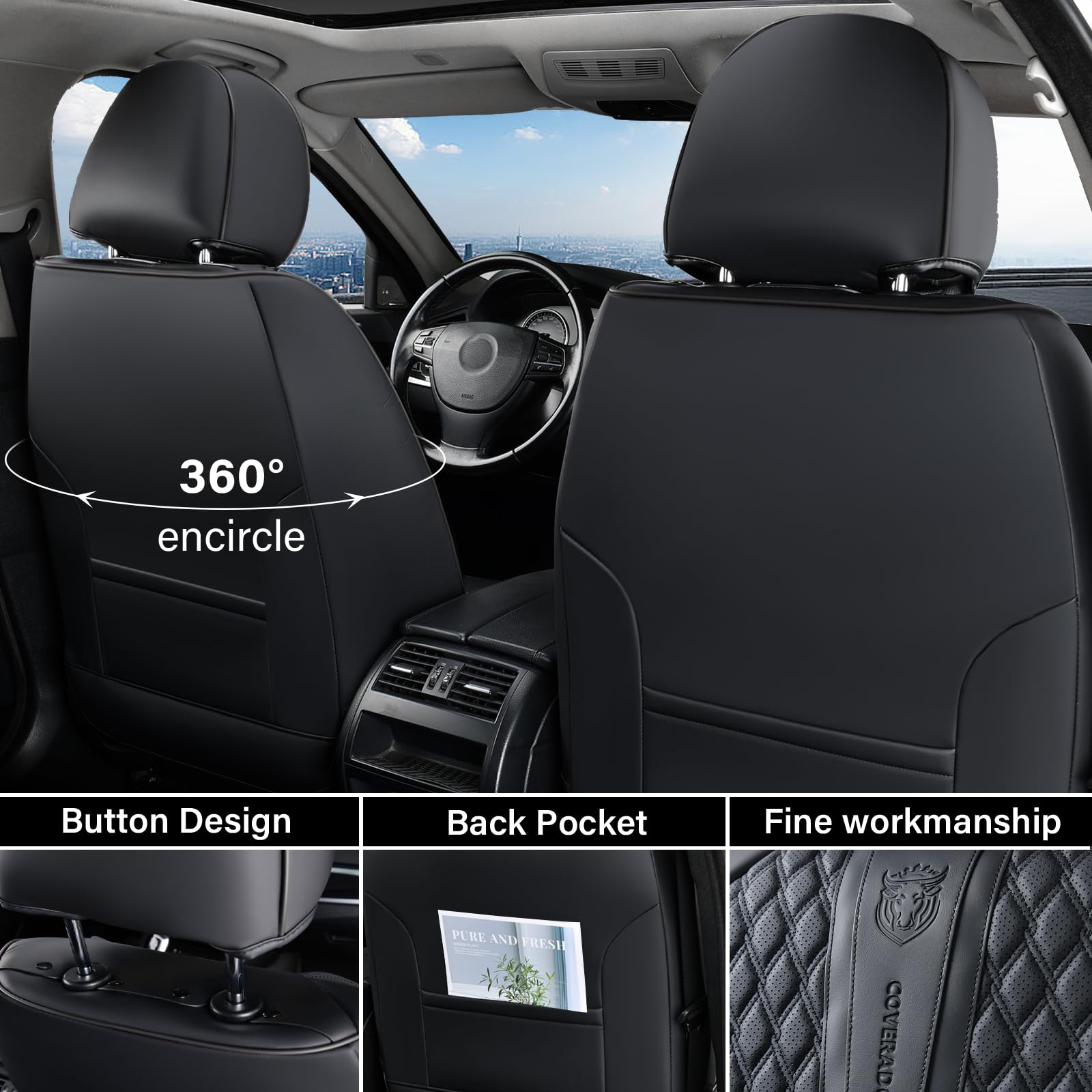 Premium Nappa Leather Car Seat Covers Full Set - Universal Fit for Most Cars, SUVs & Trucks | Waterproof Seat Protectors with Lumbar Support (Black) | Perfect for Daily Commute, Road Trips & Family Travel