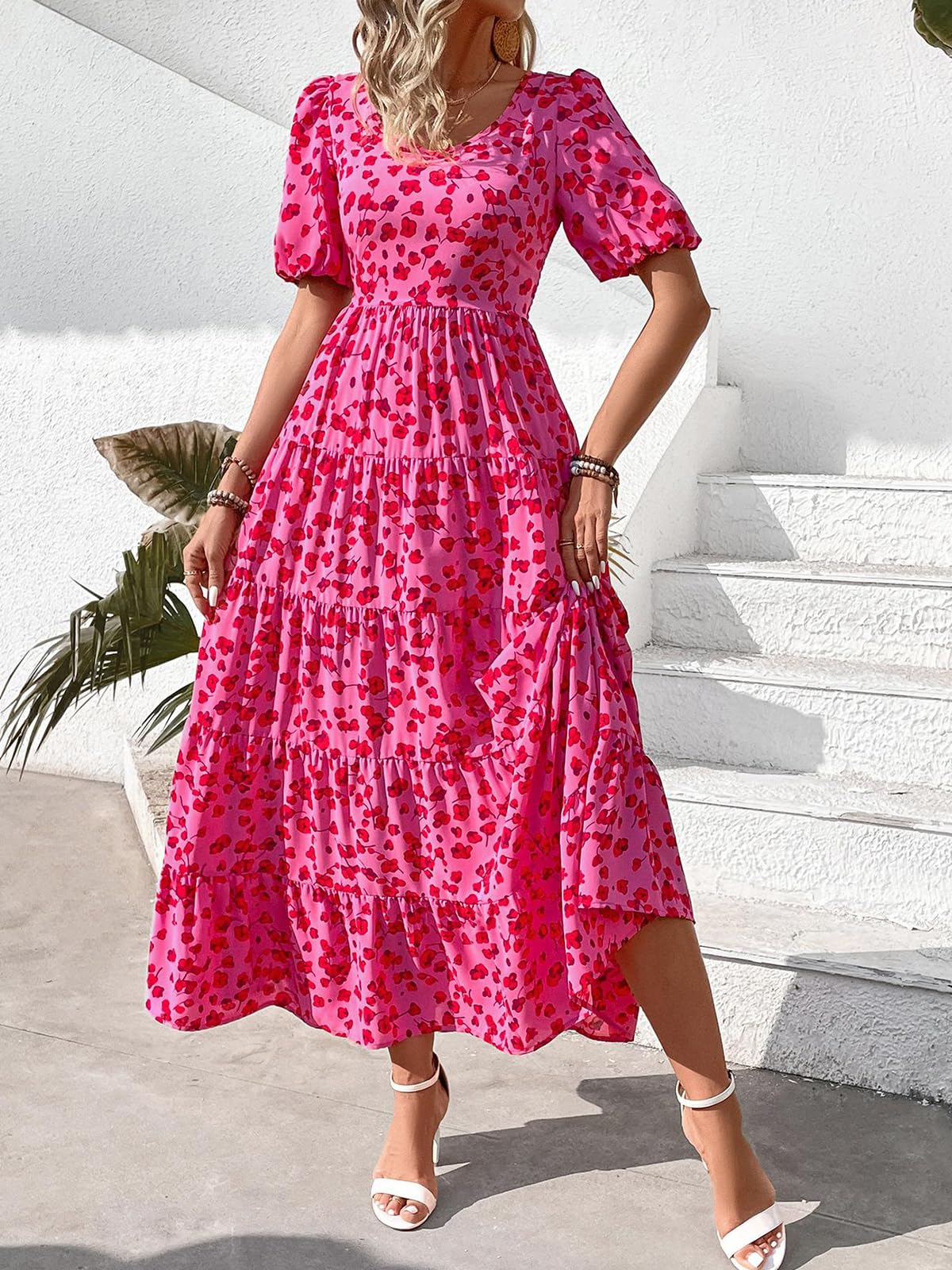 PRETTYGARDEN Women's Floral Summer Dress 2025 - Puff Sleeve, Smocked Backless, Flowy Tiered Maxi Dress for Beach, Vacation & Casual Wear | Boho Chic Style