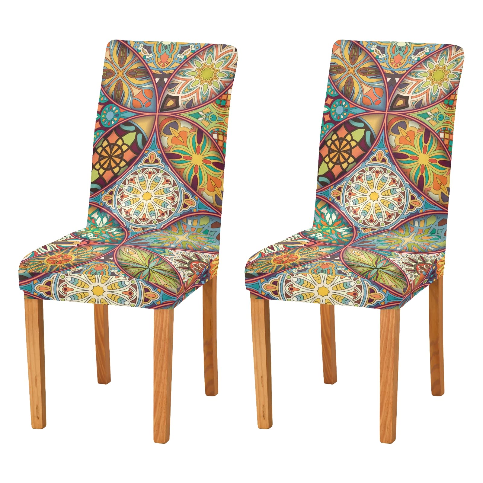 Ethnic Floral Mandala Dining Chair Covers Set of 2 - Washable & Stretchable Slipcovers for Dining Room, Wedding, Party & Office Decor - Perfect for Home, Ceremony & Holiday Gatherings