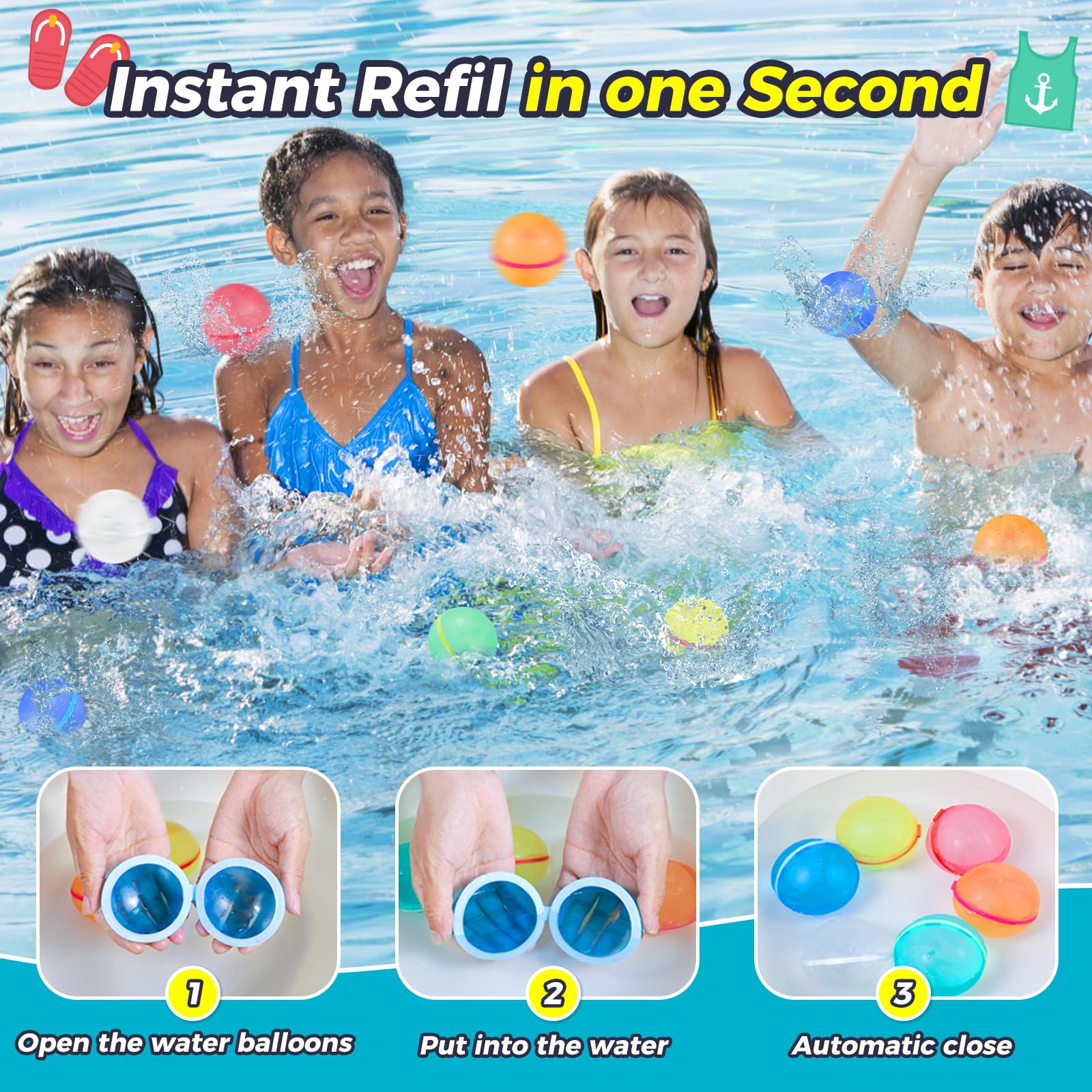 12-Pack Reusable Magnetic Self-Sealing Water Balloons for Kids - Fun Pool & Beach Toys for Boys and Girls - Summer Outdoor Water Games - Perfect Birthday Gifts for Children (Great for Backyard Parties, Water Fights, and Summer Camp Activities)