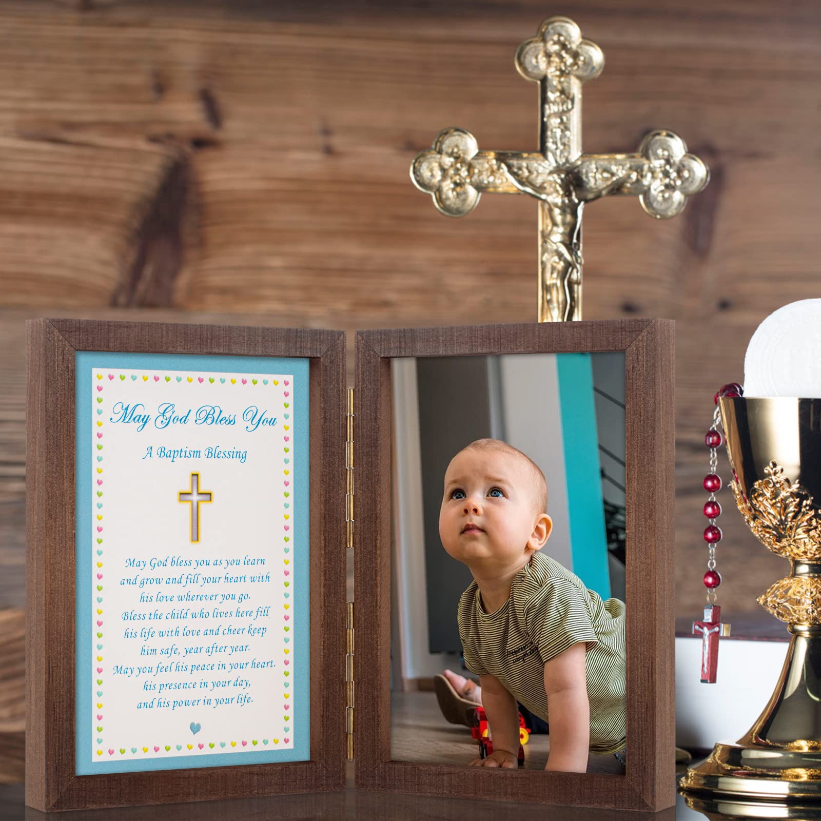 Yakucho Baptism Gifts for Boys - Christening Picture Frame with Blessing Card, Holds 4x6 Inch Photo - Perfect Baby Boy Baptism Keepsake for Christening Ceremony, First Communion & Religious Milestones