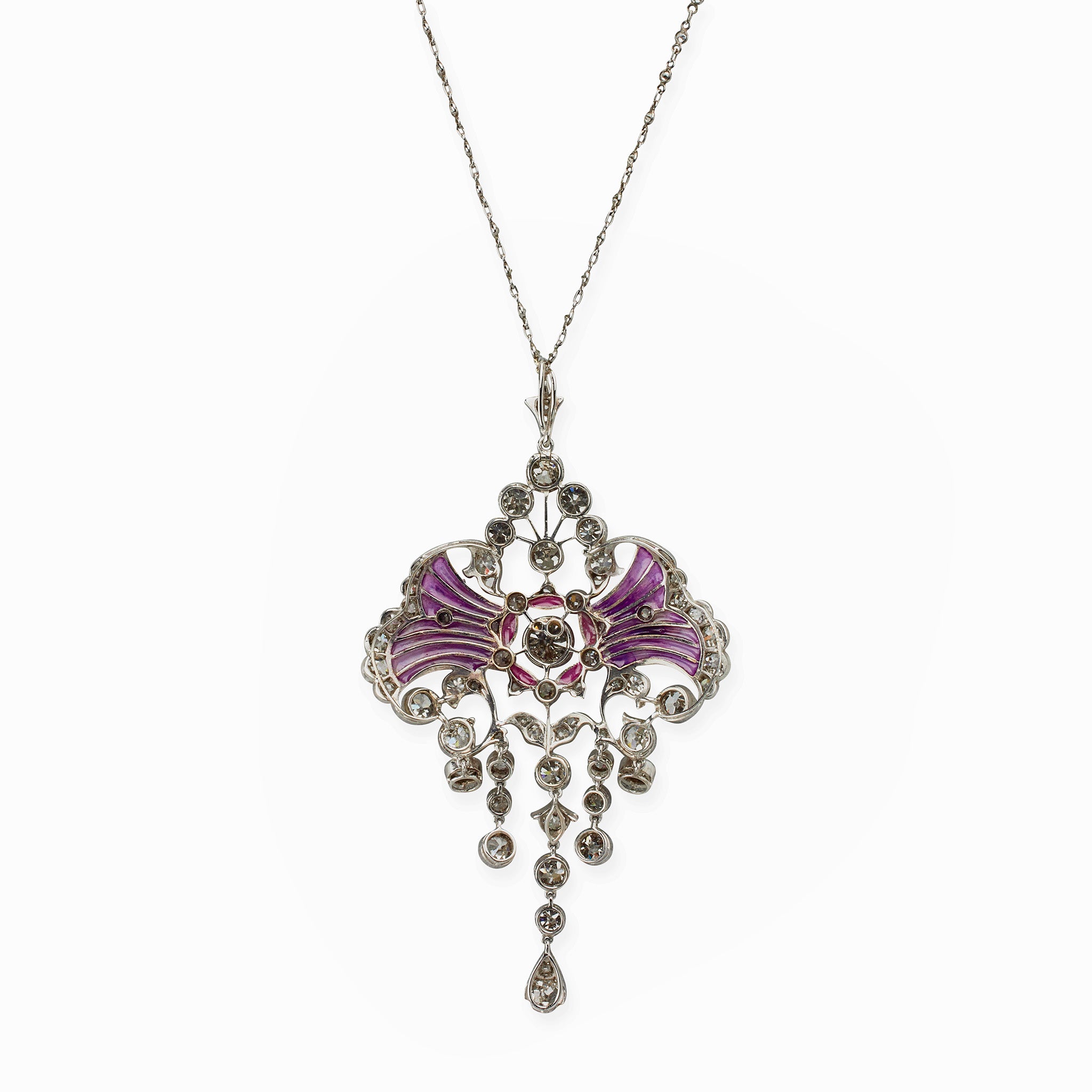 Exquisite Edwardian Diamond & Plique à Jour Enamel Pendant Necklace - Vintage Jewelry for Weddings, Anniversaries & Special Occasions