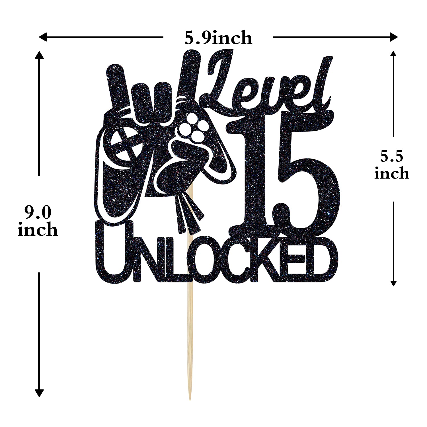 15th Birthday Cake Topper - Video Game Level 15 Unlocked Black Glitter Decoration for Boys | Level Up Winner Party Supplies | Perfect for Gaming Themed Birthday Cakes and Celebration Decorations