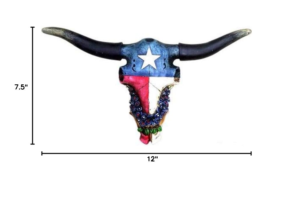 Texas Flag Bluebonnet Flowers Longhorn Steer Skull Resin Wall Art - Rustic Western Home Decor for Living Room, Bar, or Cowboy-Themed Spaces