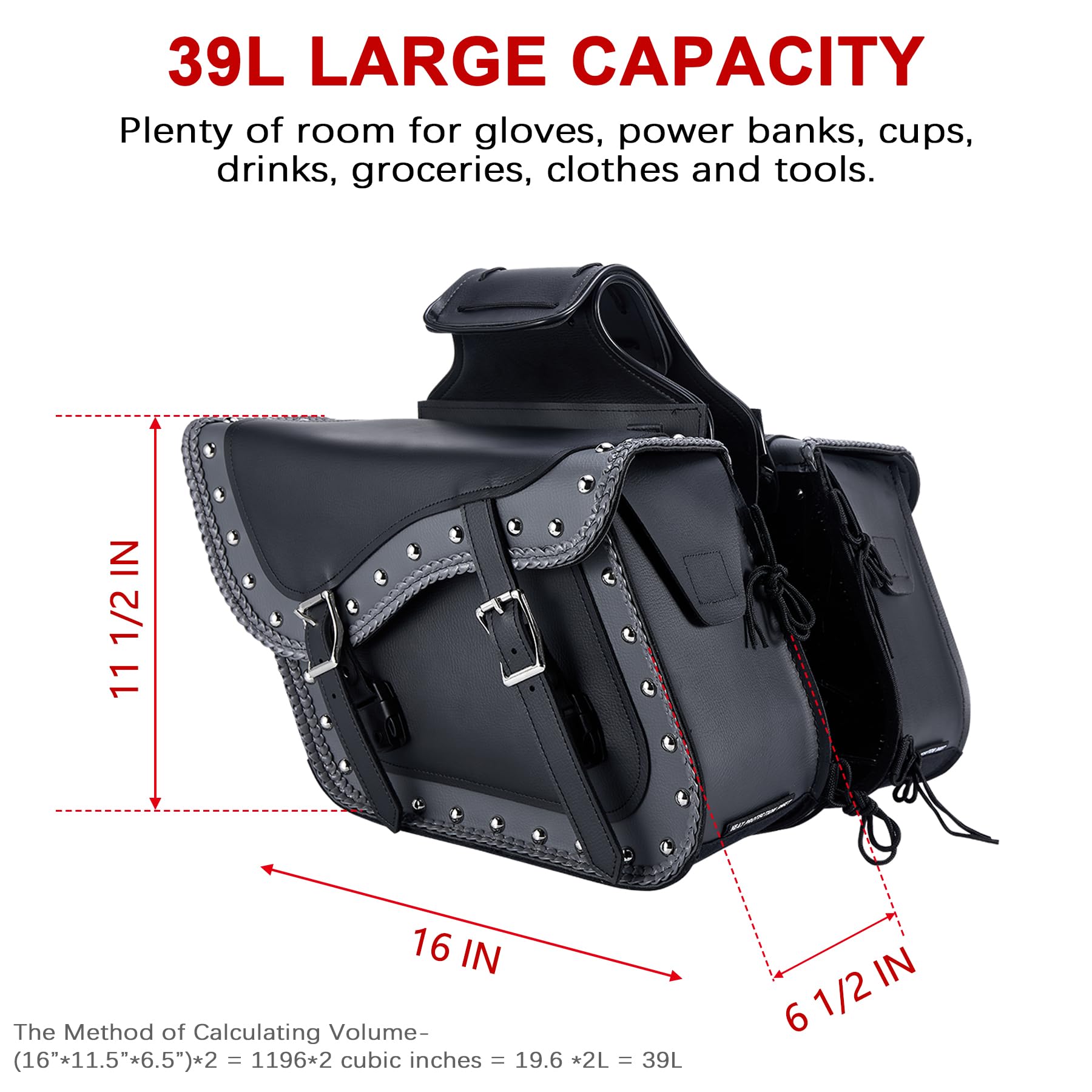 Dream Apparel Faux Leather Motorcycle Saddle Bags - Studded Throw Over Side Bags for Honda Shadow, Sportster, Softail & Dyna - Waterproof PVC Motorcycle Luggage (Black/Grey) - Perfect for Cruiser Rides & Long-Distance Touring
