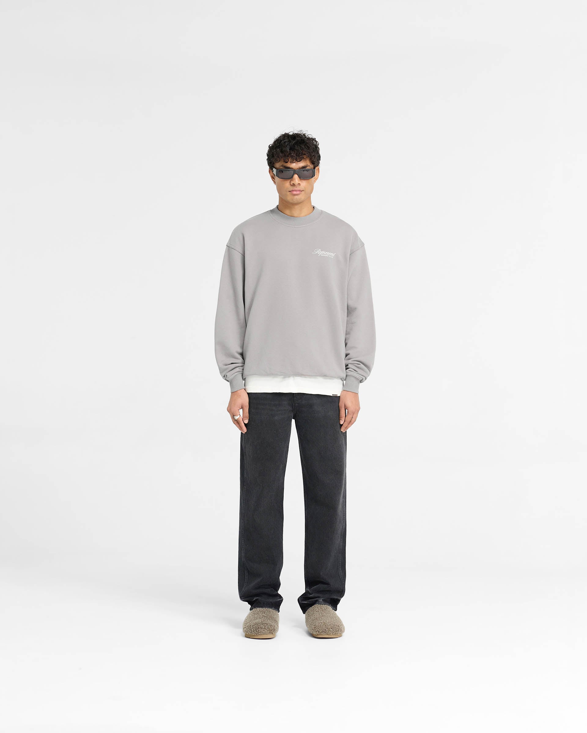 Represent Owners Club Script Sweater - Slate Gray Pullover | Vintage Inspired Streetwear for Men & Women | Perfect for Casual Outfits, Street Style & Urban Fashion