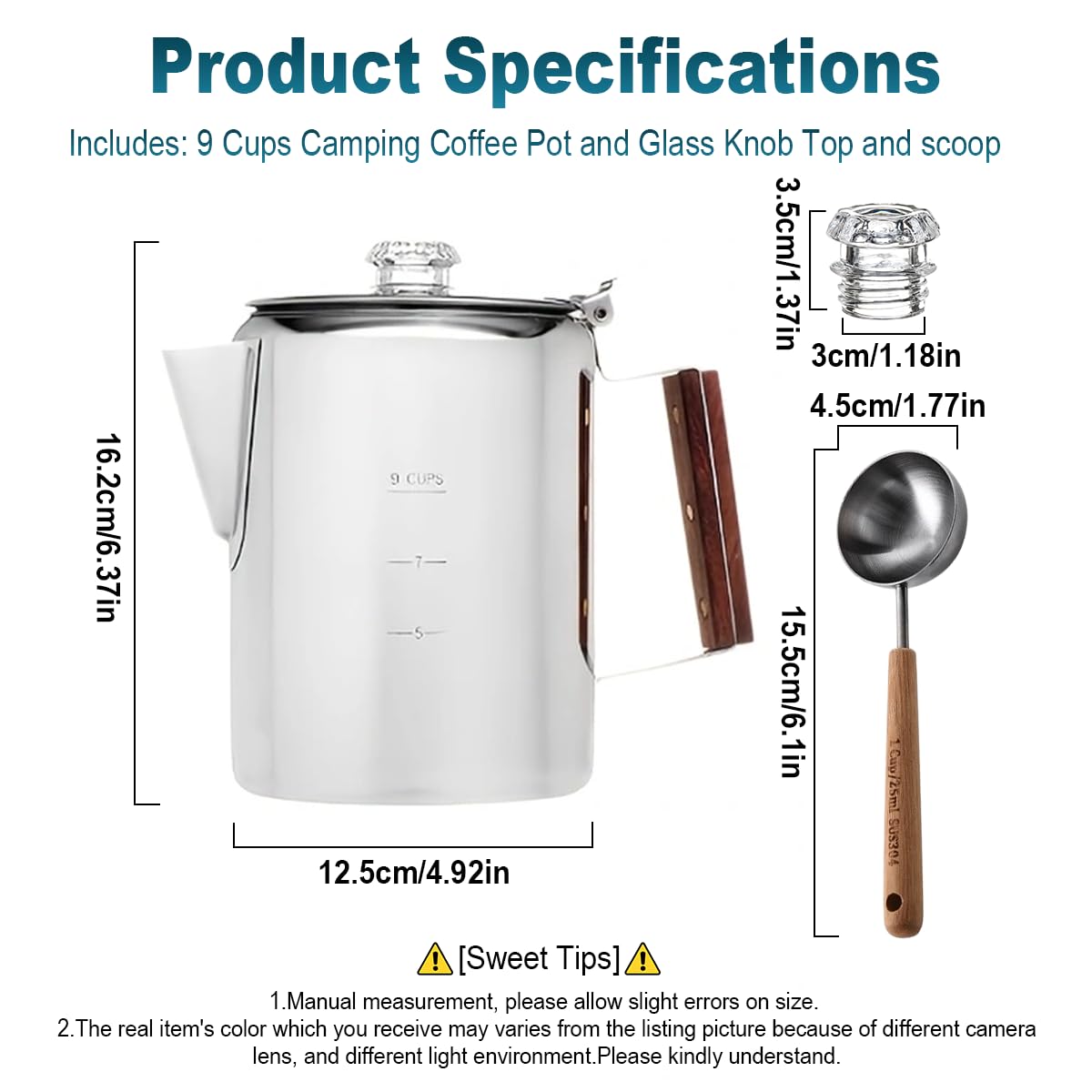 3PCS 9 Cups Camping Coffee Pot Set - Stainless Steel Stove Top Coffee Maker with Heat Resistant Glass Knob & 25ml Coffee Spoon - Durable for Outdoor Brewing, Hiking, Camping & RV Trips