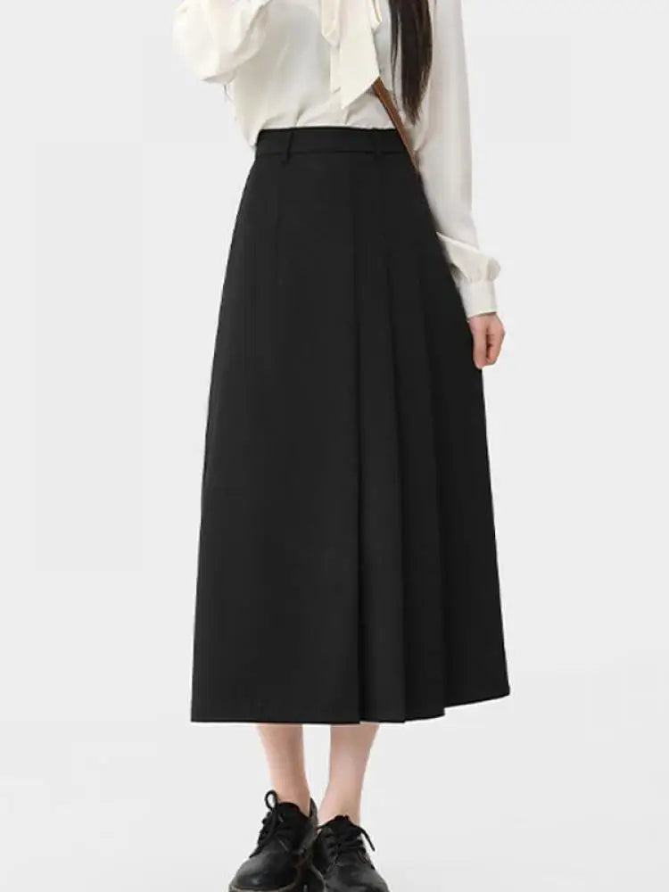 Vintage High Waist Pleated Wool Skirt for Women - Black & Grey A-Line Long Skirt, Elegant Winter Party Wear, Fall Festival Fashion, Office to Evening Outfits