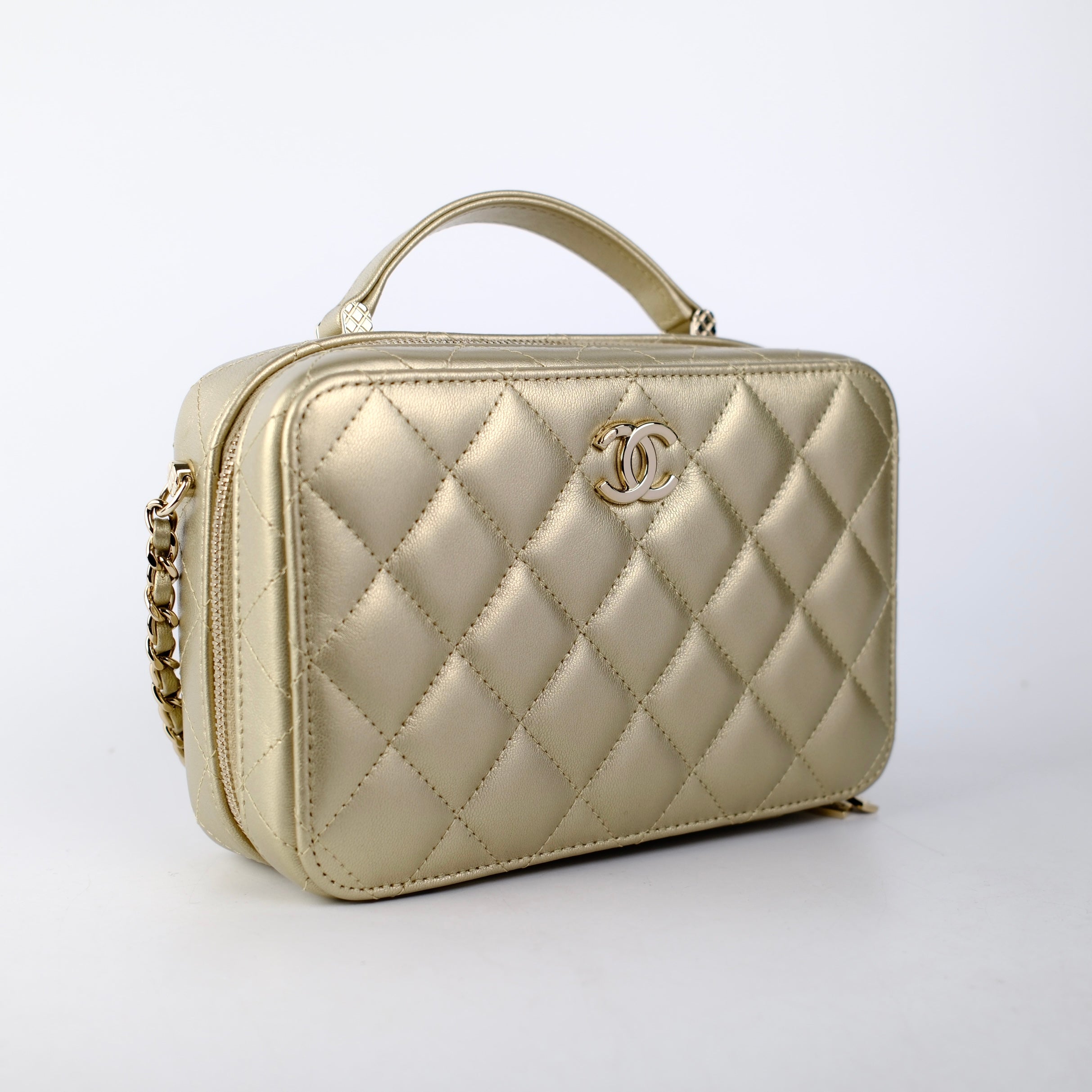 Chanel Champagne Gold Top Handle Vanity Crossbody Bag with Mirror - Luxury Designer Handbag for Women, Evening Parties & Special Occasions