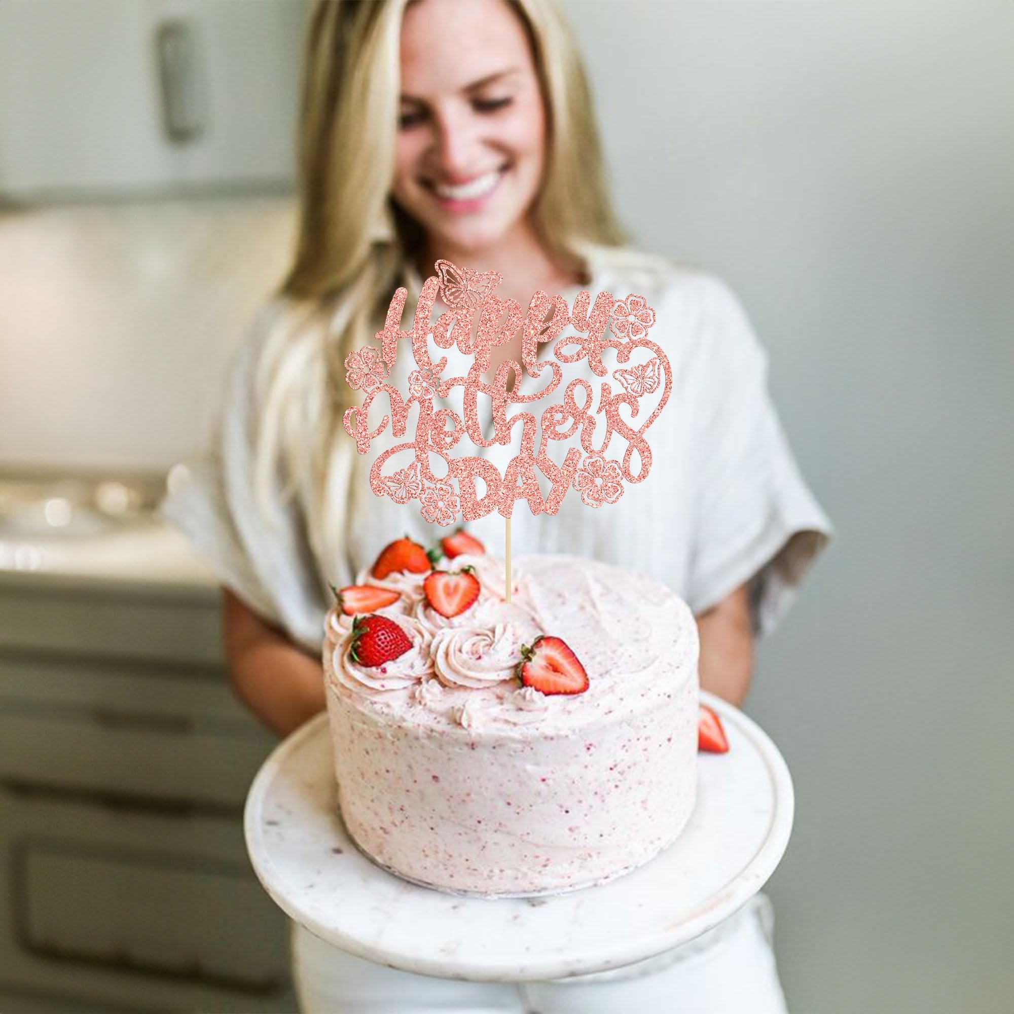 1 Pack Rose Gold Glitter Happy Mother's Day Cake Toppers - Mom Cake Picks for Birthday, Wedding & Mother's Day Party Decorations | Cake Decorating Supplies for Women, DIY Dessert Toppers