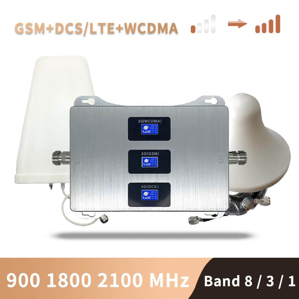 JMT 4G Tri-Band Cellular Signal Booster for Home & Office - 2G 3G 4G LTE Repeater Amplifier (B1 B3 B5 Bands 900/1800/2100MHz) - Improve Weak Mobile Phone Signal for Better Calls & Internet - Perfect for Rural Areas, Basements & Large Buildings