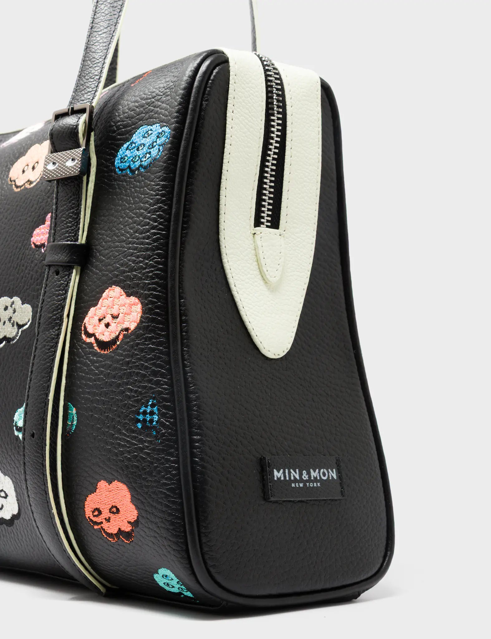 Stylish Esther Almond & Black Satchel Handbag with Happy Clouds Design - Perfect for Work, Travel, and Everyday Use