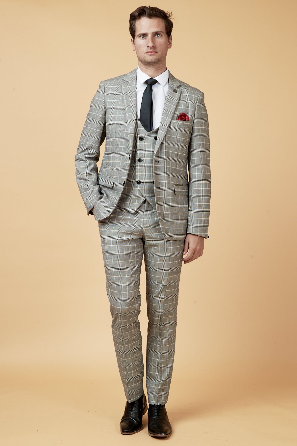 ROSS Grey Check Three Piece Suit for Men - Classic Business Formal Attire for Weddings, Interviews & Office Wear