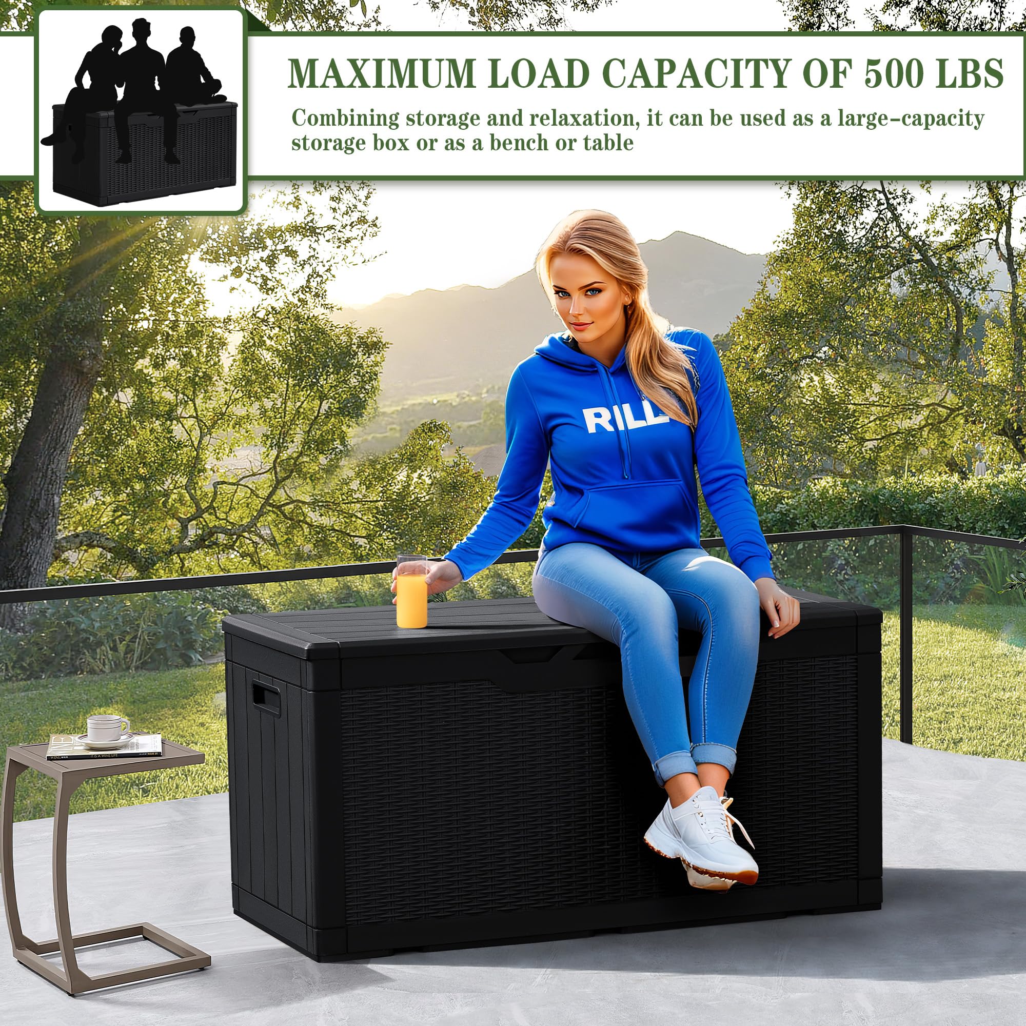 Greesum 100 Gallon Waterproof Resin Outdoor Storage Box - Black - Ideal for Garden Tools, Patio Furniture Cushions, Pool Toys & Backyard Organization - Perfect for Deck, Garage & Poolside Storage