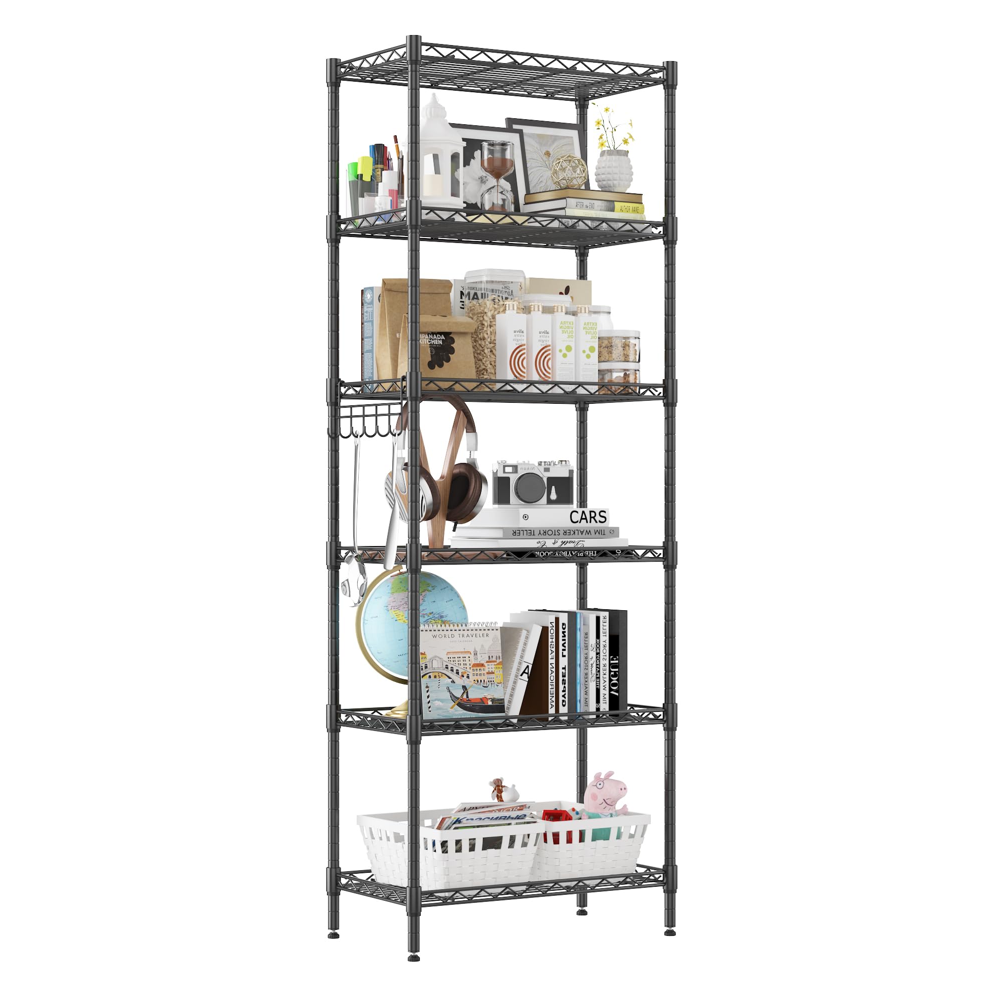 Homdox 6-Tier Heavy Duty Wire Shelving Unit - Adjustable Free Standing Storage Rack with Leveling Feet & Stainless Steel Side Hooks, Black - Perfect for Garage, Pantry, Closet, and Office Organization