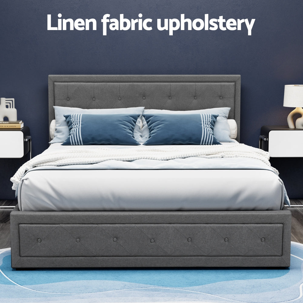 Bronte Queen Bed Frame with Storage - Grey Upholstered Platform Bed for Small Spaces & Modern Bedrooms