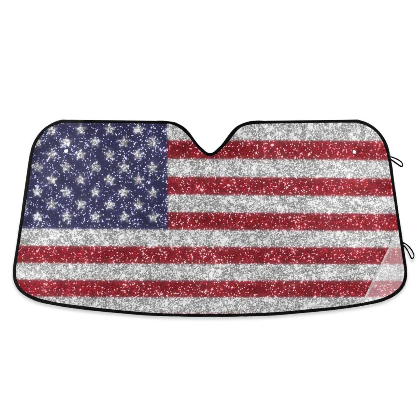 Boccsty Glittering USA Flag Car Windshield Sun Shade for SUV, Truck & Auto - UV Protection Window Shade for Men, Women & Baby - Perfect for Road Trips, Summer Driving & Parking Protection
