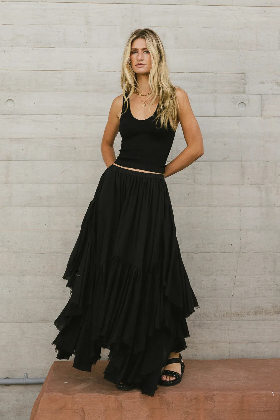 Augusta Handkerchief Skirt - Black Flowy Maxi Skirt for Women | Boho Summer Beach Dress | Perfect for Vacations, Weddings & Date Nights
