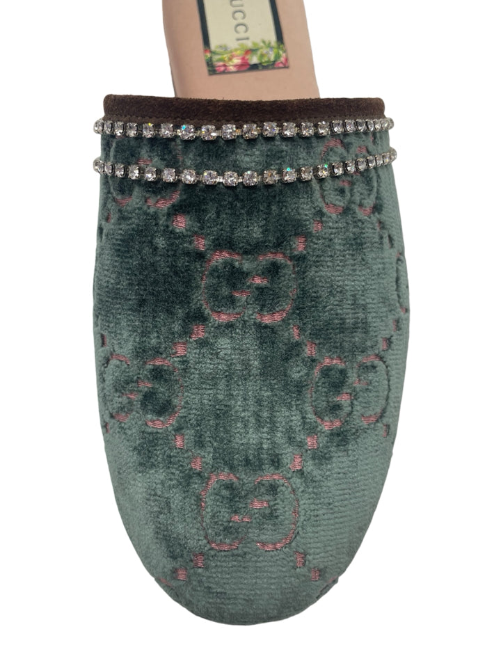 Gucci Velvet GG Monogram Crystal Mules for Women - Size 37 (US 7) - Luxury Designer House Slippers for Home, Parties & Special Occasions