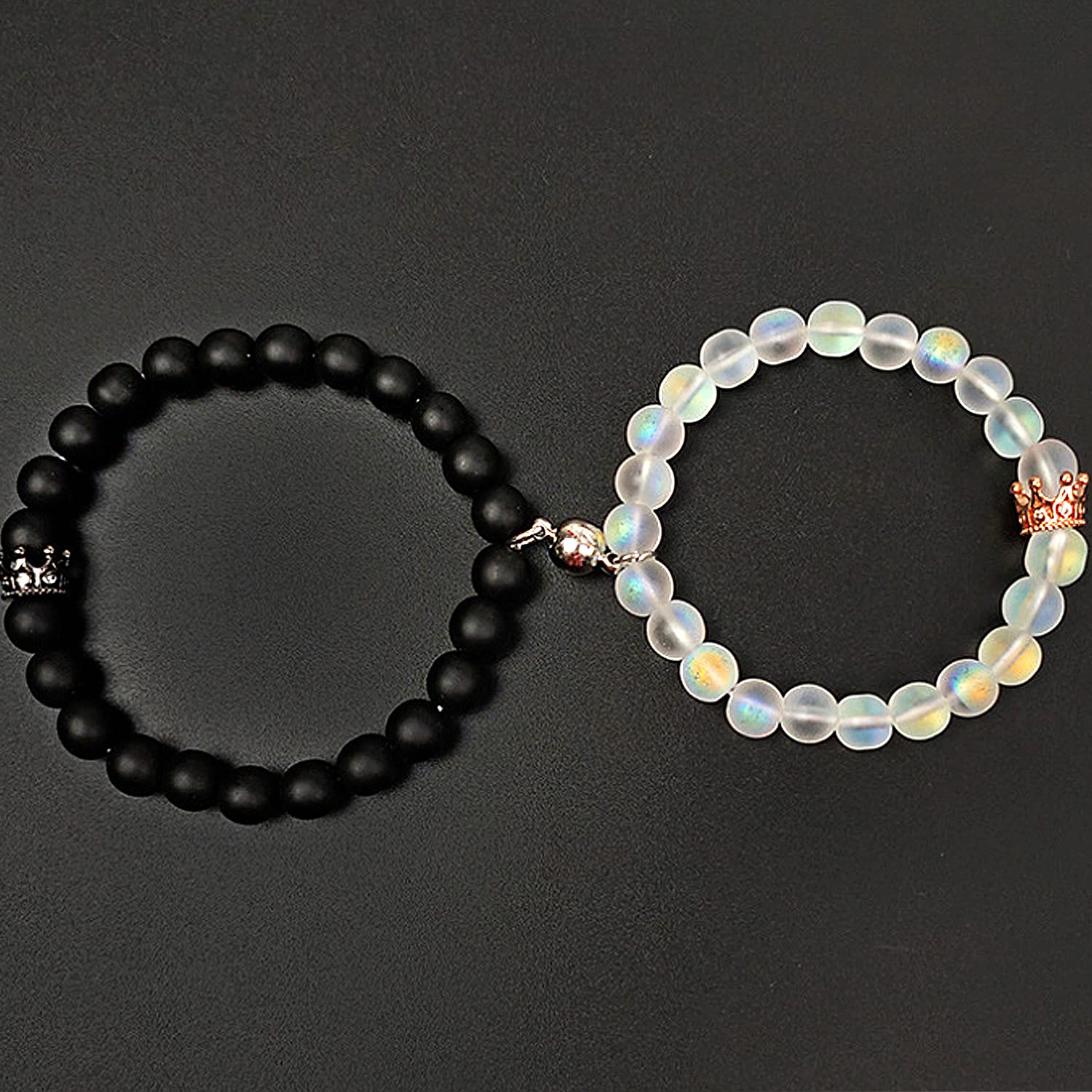 LUOKIFUR Magnetic Couples Bracelets Set - King & Queen Crown Matching Bracelets for Men & Women, Romantic Couple Gifts for Anniversary, Valentine's Day, Wedding | Adjustable Beaded Friendship Bracelets for Him & Her