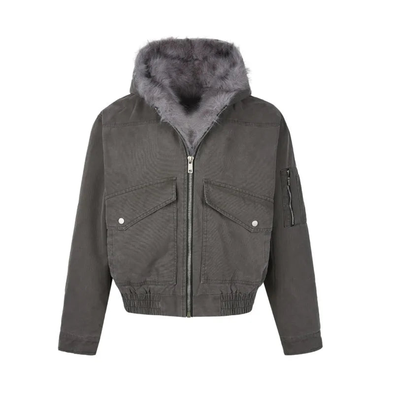 Vintage American Style Men's Padded Jacket with Faux Fur Collar - Casual Hooded Winter Coat for Men, Thick Cotton Zipper Jacket (9W106) - Perfect for Outdoor Activities, Daily Wear & Cold Weather Protection