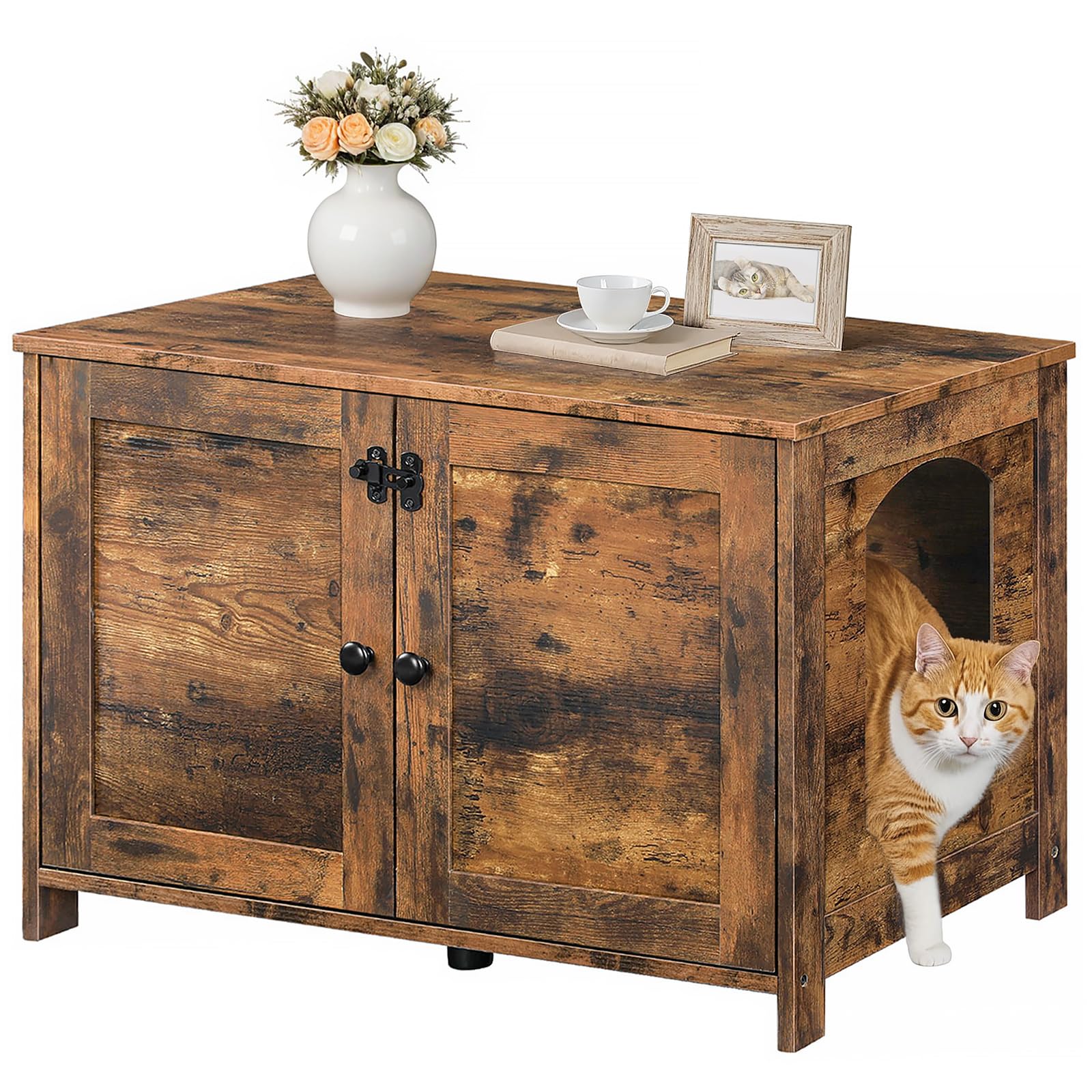 HOOBRO Wooden Cat Litter Box Enclosure Furniture - Hidden Cat Washroom with Divider, Large Pet House End Table for Orange Cats & Litter Boxes - Rustic Brown BF03MW01G2 for Living Room, Bedroom & Home Decor