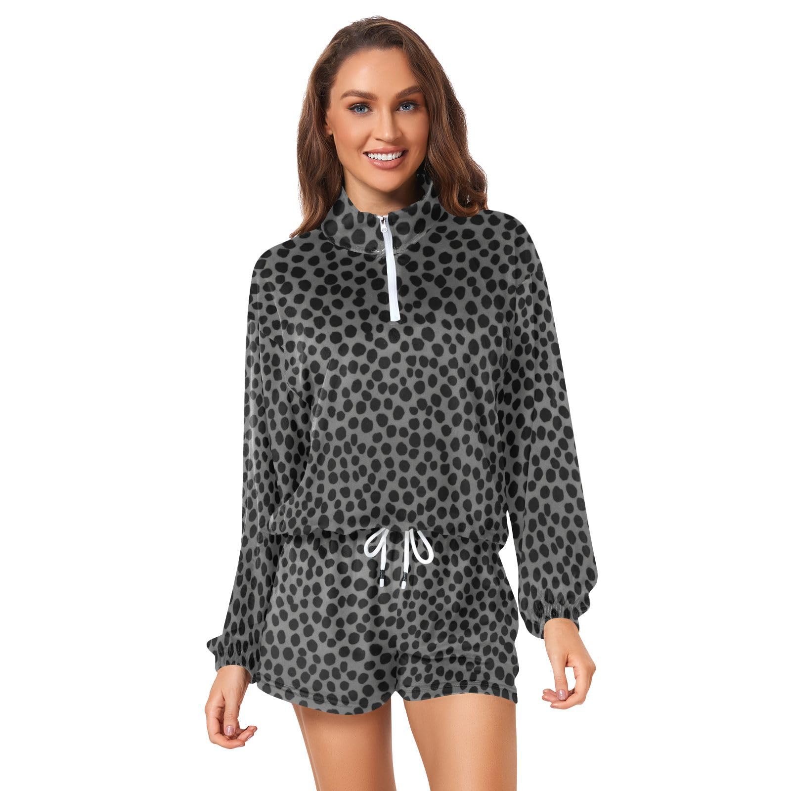 Women's Grey Animal Print 2-Piece Lounge Set - Soft Sweatshirt & Comfy Shorts for Casual Wear, Home Relaxing & Yoga Outfits
