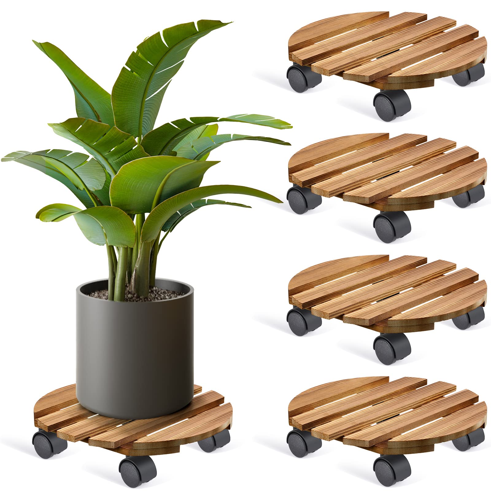 4-Piece Heavy Duty Wooden Plant Caddy with Wheels - Lockable Rolling Plant Stand for Indoor, Outdoor, Patio Use - 12 Inch Round Plant Dolly for Large Potted Plants - Perfect for Moving Heavy Planters in Gardens, Balconies & Greenhouses