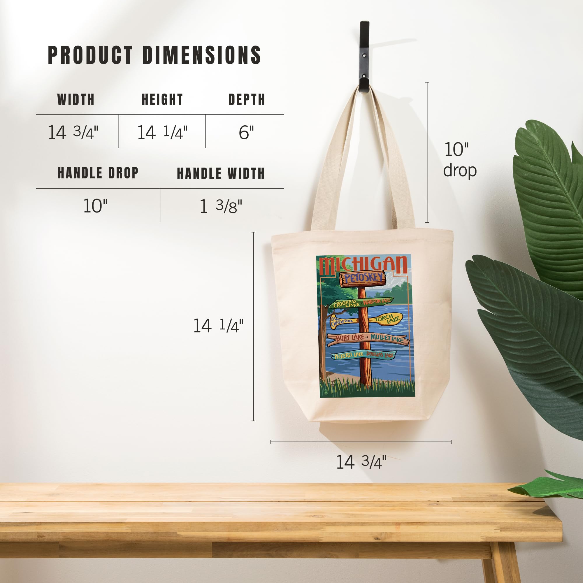 Lantern Press Petoskey Michigan Destinations Sign Tote Bag - 100% Cotton Canvas Reusable Shopping Bag for Groceries, Beach & Travel