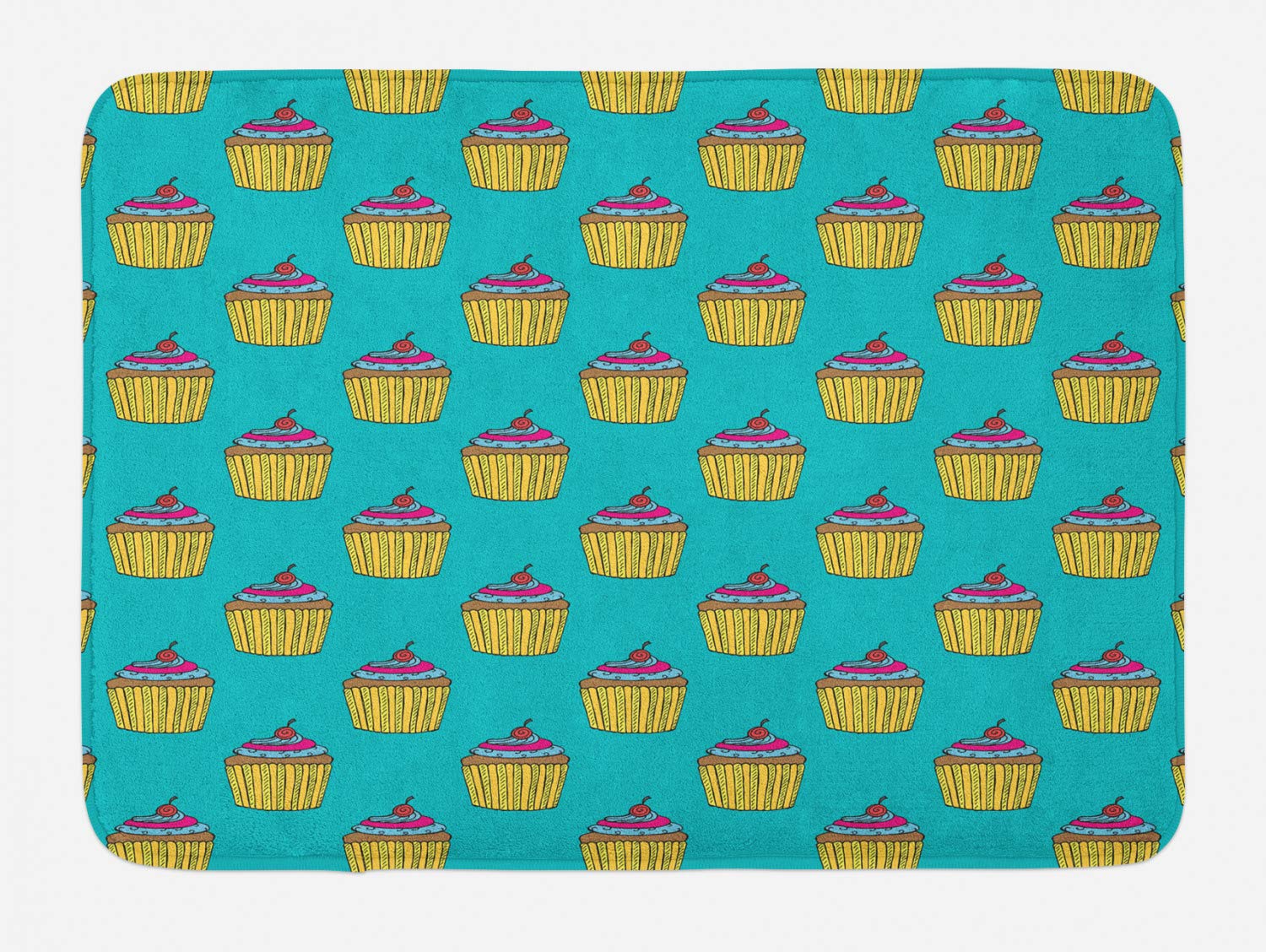 Ambesonne Non-Slip Cupcake Bath Mat - Plush Creamy Muffin Design with Cherry Topping, 29.5 x 17.5 Inch Teal Multicolor Bathroom Rug - Perfect for Kitchen, Bathroom Decor & Gift Ideas
