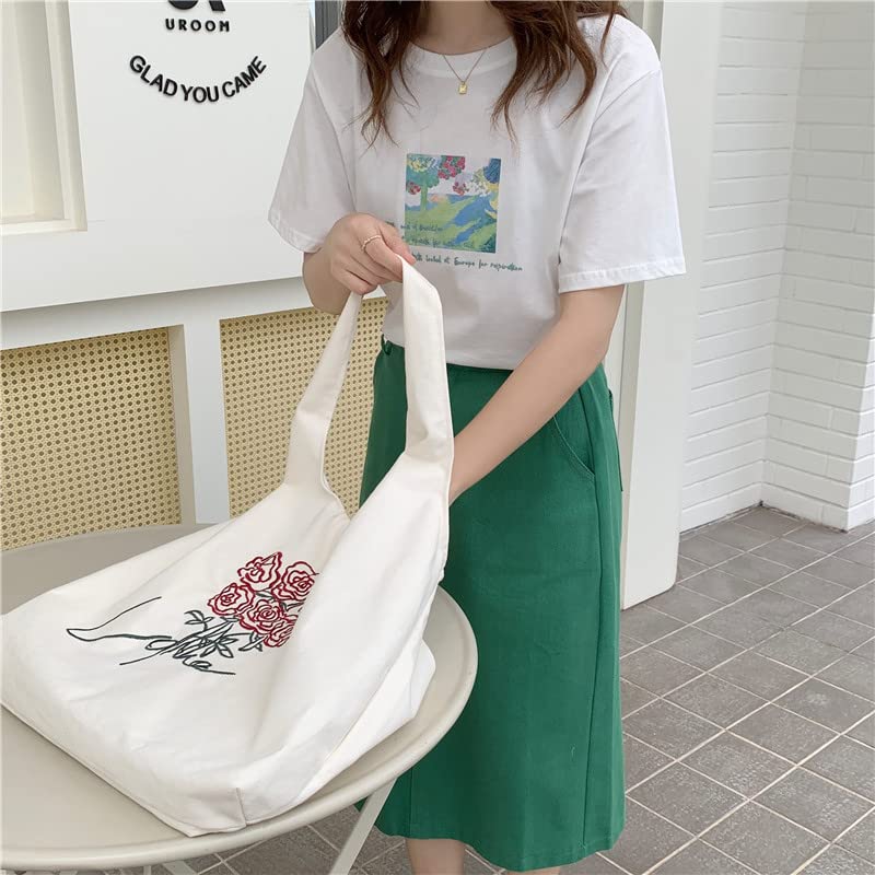 Floral Canvas Tote Bag for Women - Large Capacity Botanical Shopping Bag with Aesthetic Flower Design - Perfect for Groceries, Beach, Work & Daily Use