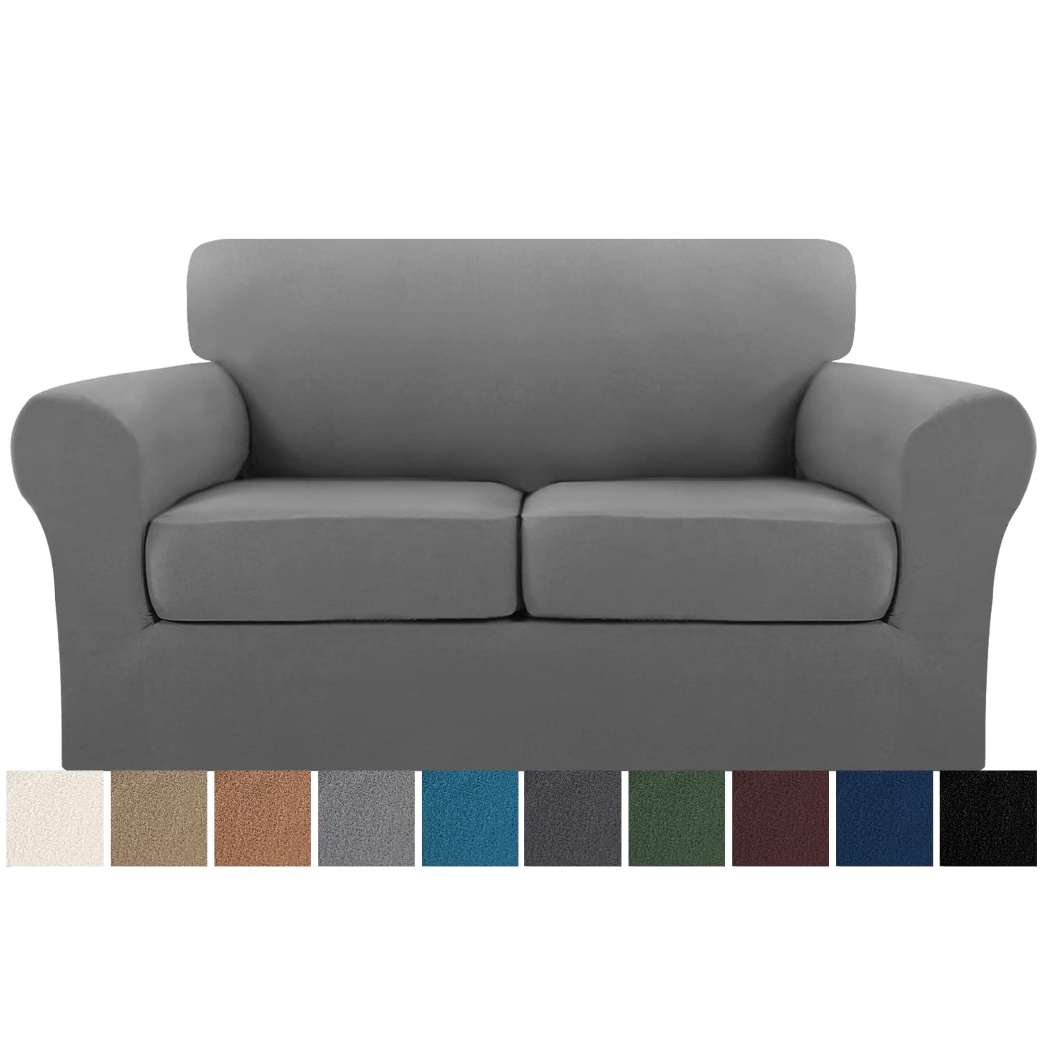 PrinceDeco 3-Piece Stretch Sofa Cover Set for 2-Cushion Couch & Loveseat - Soft Furniture Protector Slipcover (Medium, Grey) - Perfect for Living Room, Home Decor & Pet Protection