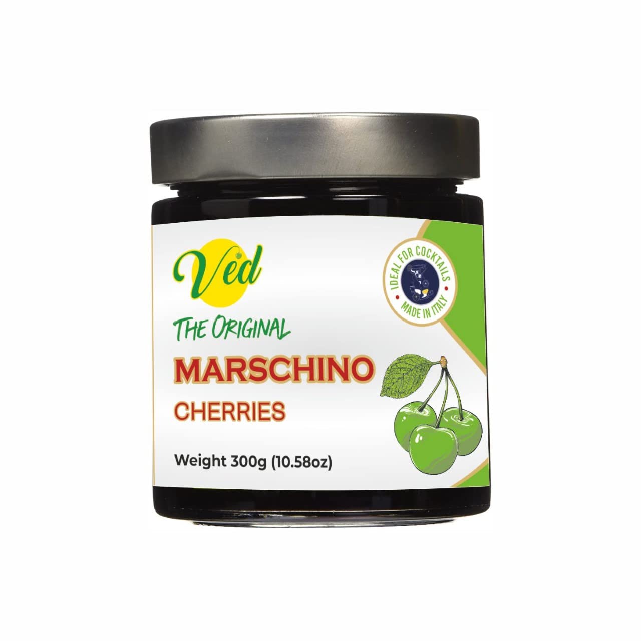 Premium Italian Green Maraschino Cherries in Natural Syrup - Vegan Cocktail Garnish for Old Fashioned, Bourbon & Whiskey Drinks - Gourmet Cherries for Baking, Desserts & Cocktail Decorations - 300g Glass Jar
